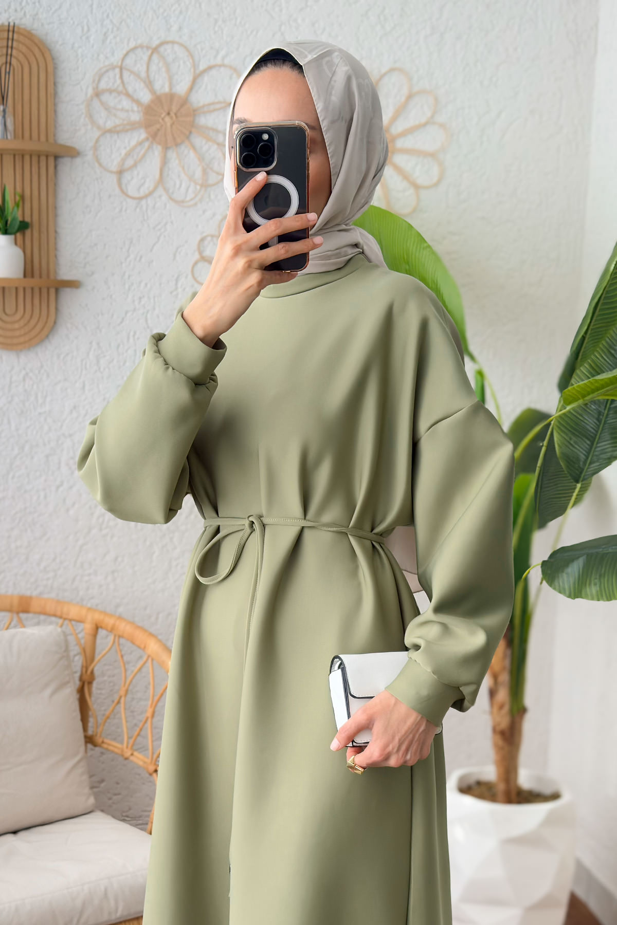 İp Kuşaklı Scuba Elbise 2211 - AÇIK HAKİ |  