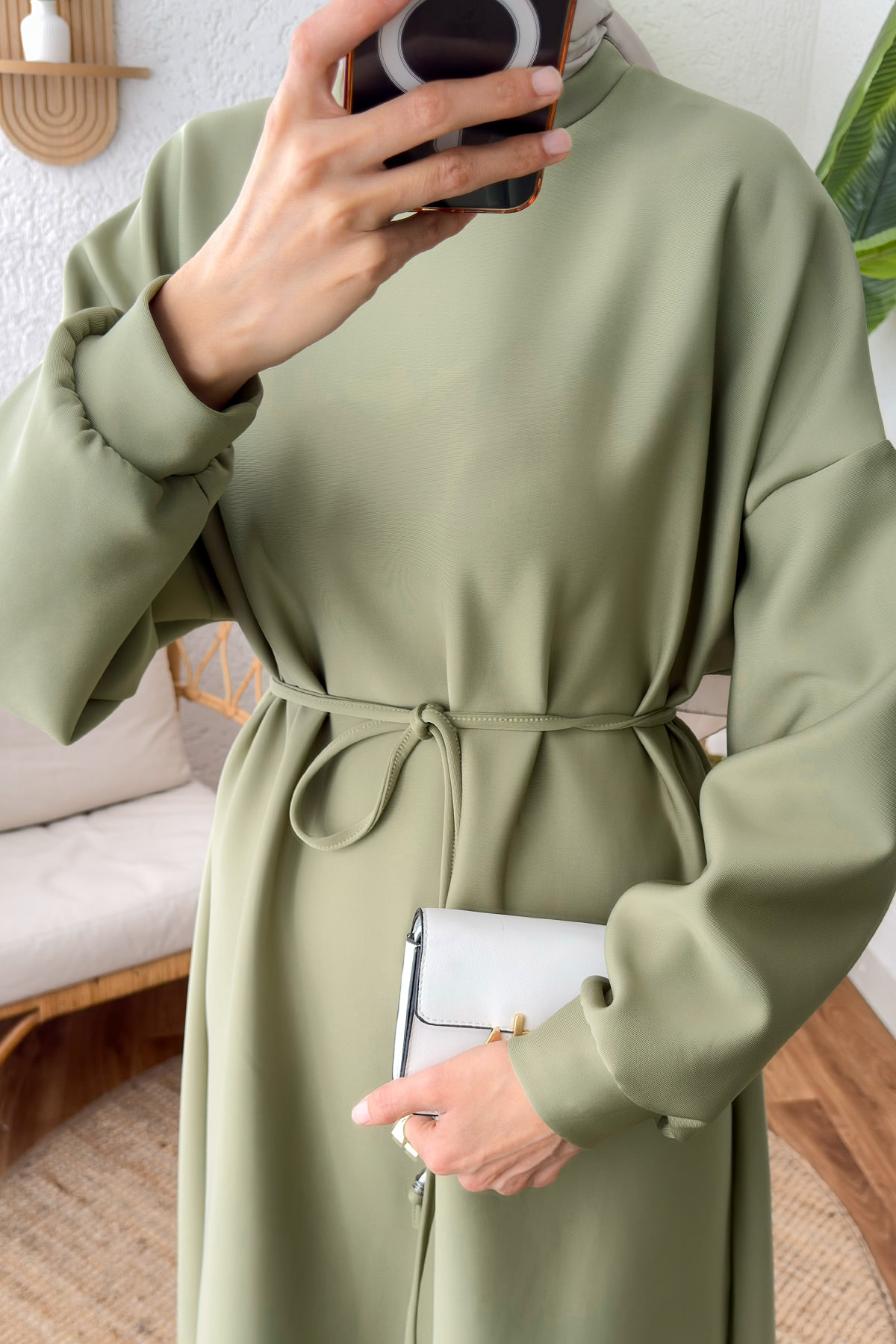 İp Kuşaklı Scuba Elbise 2211 - AÇIK HAKİ |  