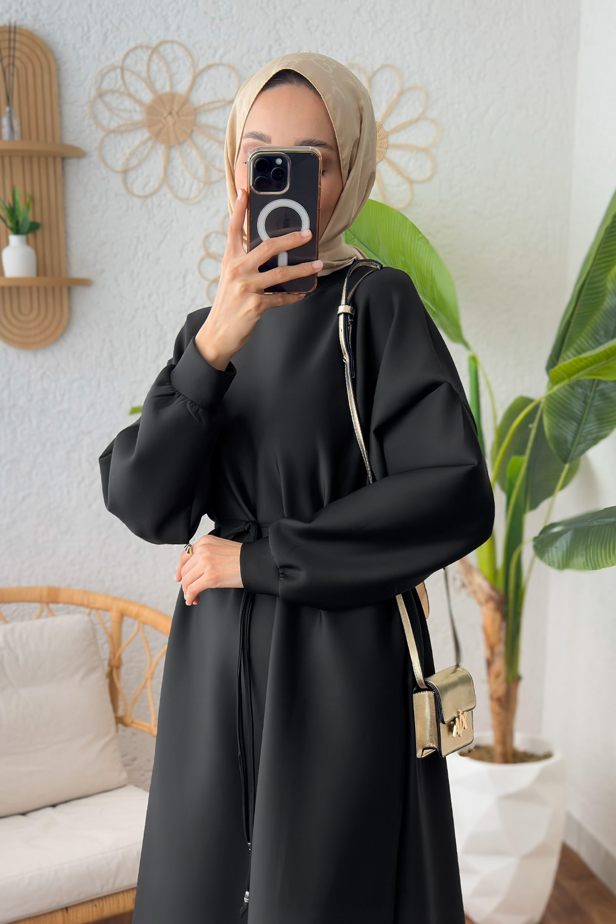 İp Kuşaklı Scuba Elbise 2211 - SİYAH |  