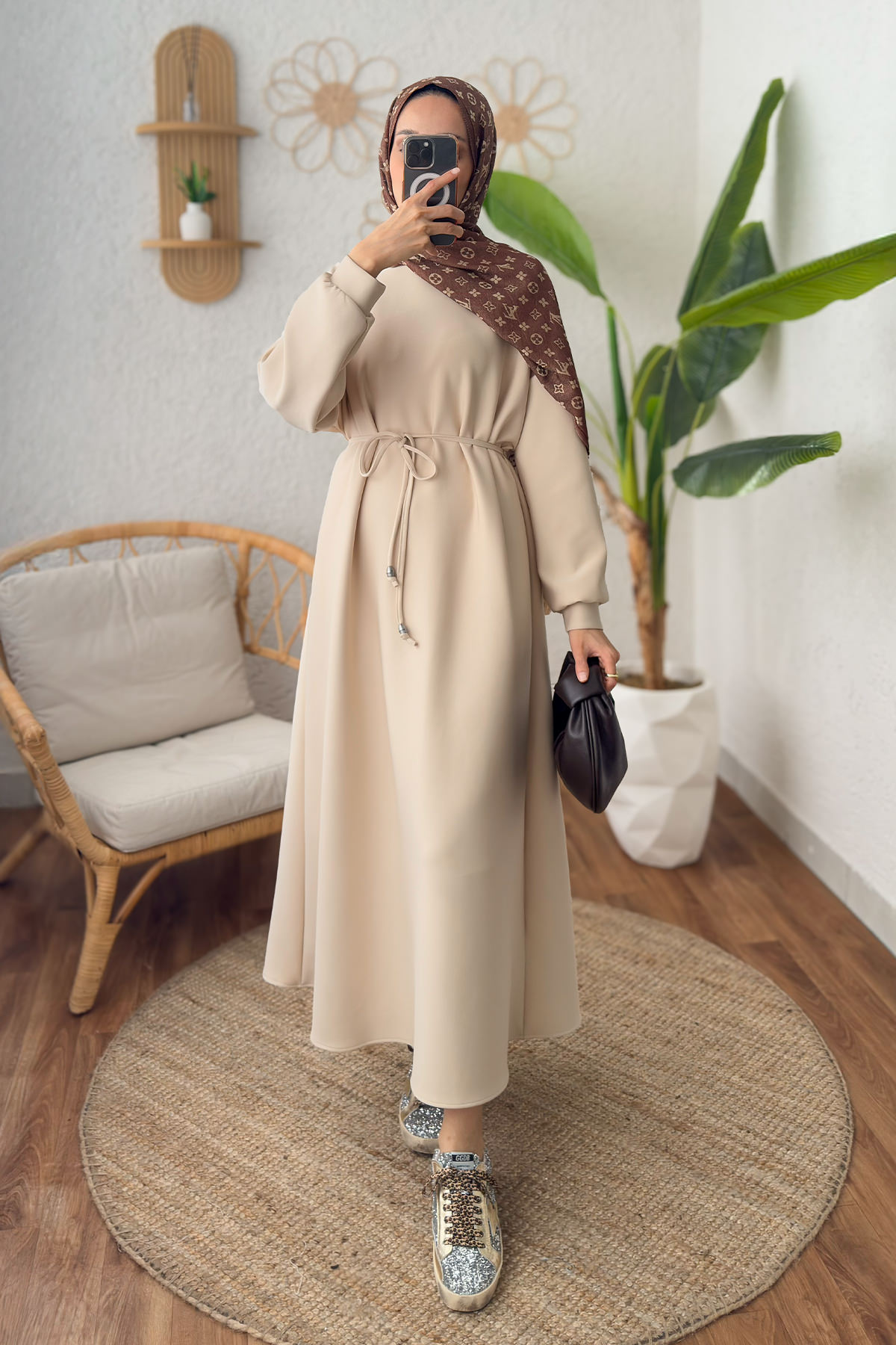 İp Kuşaklı Scuba Elbise 2211 - TAŞ RENGİ |  