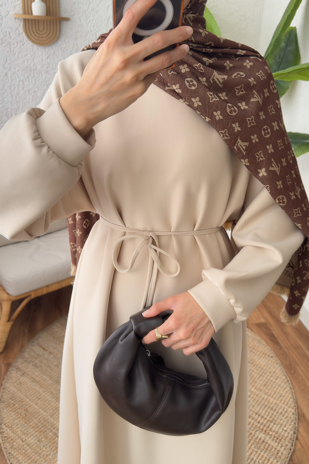 İp Kuşaklı Scuba Elbise 2211 - TAŞ RENGİ |  