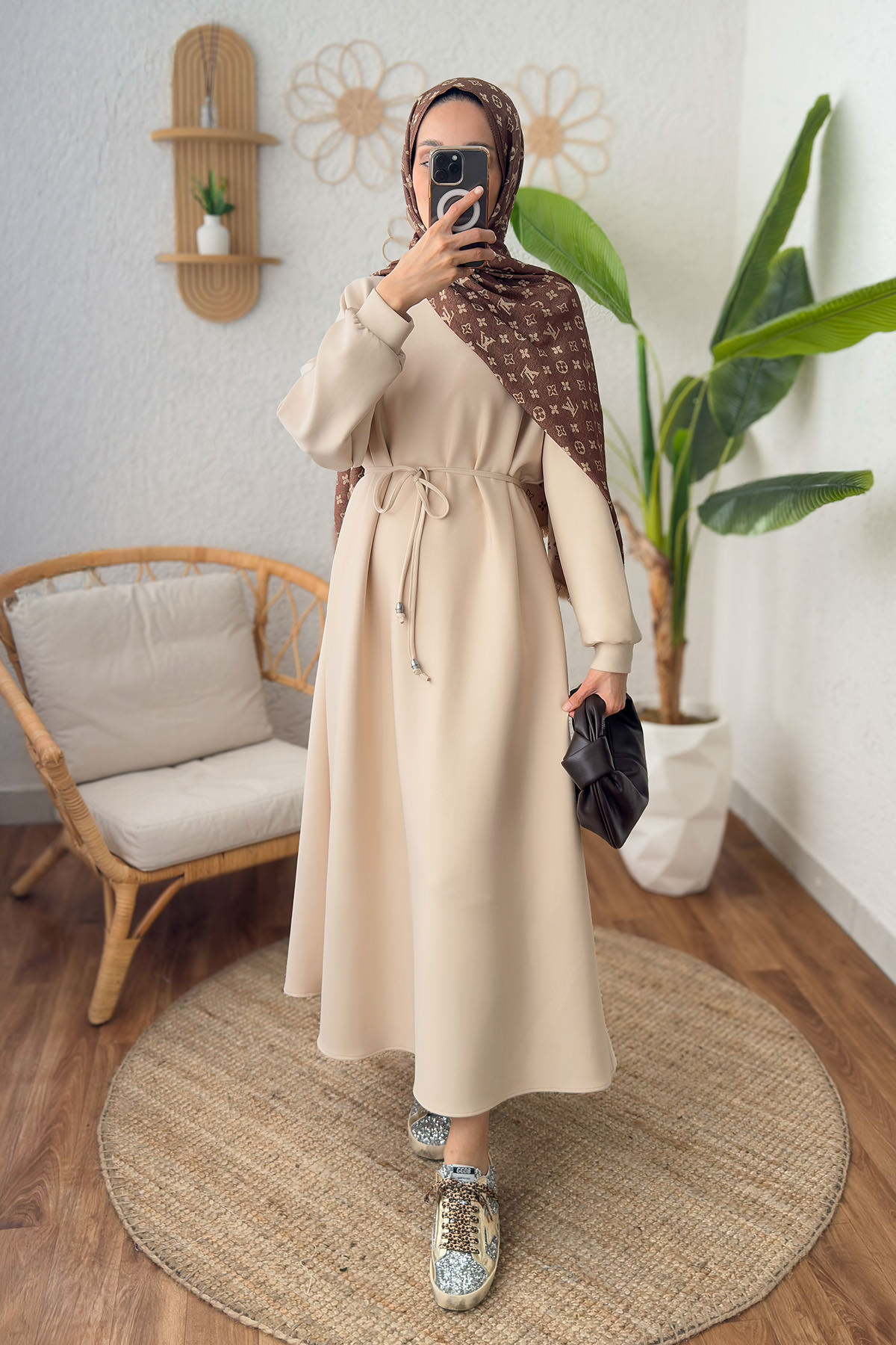 İp Kuşaklı Scuba Elbise 2211 - TAŞ RENGİ |  