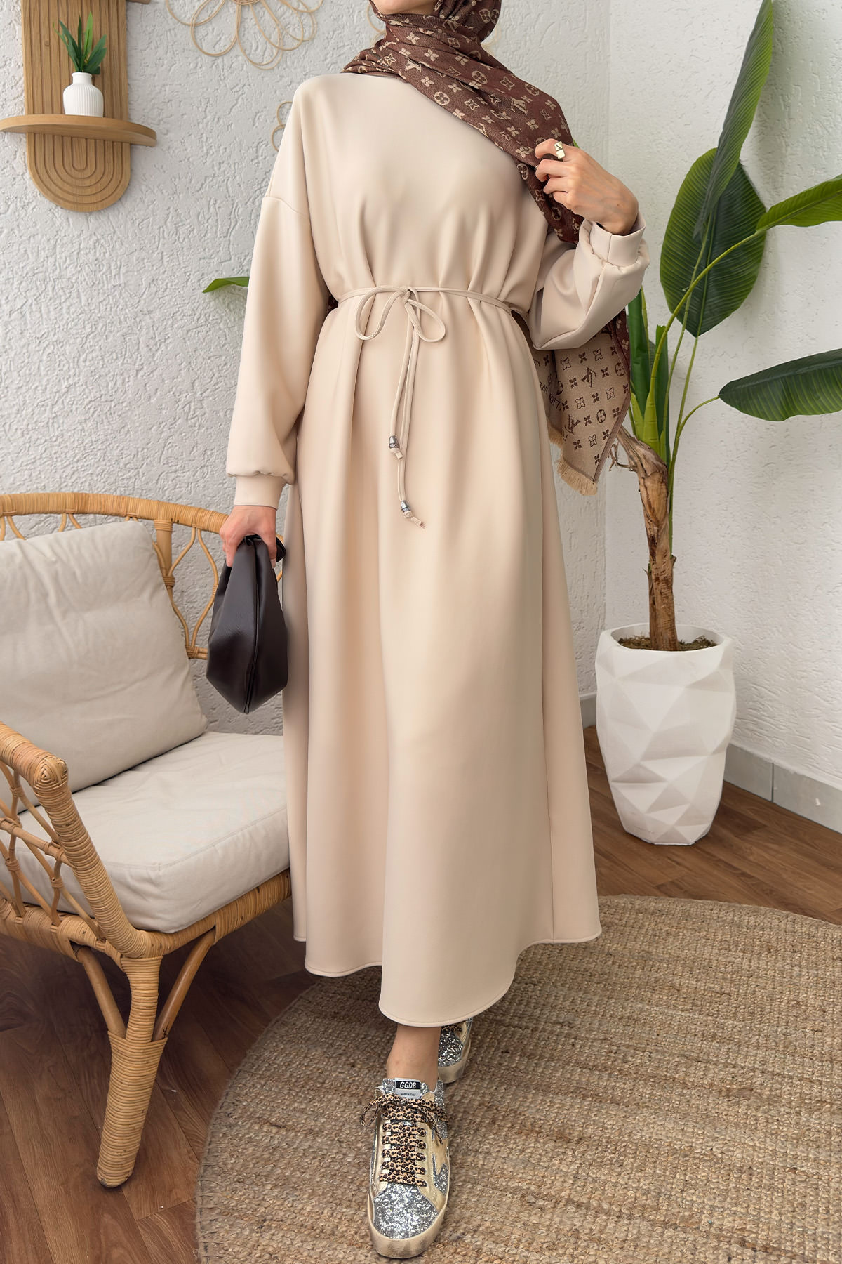 İp Kuşaklı Scuba Elbise 2211 - TAŞ RENGİ |  