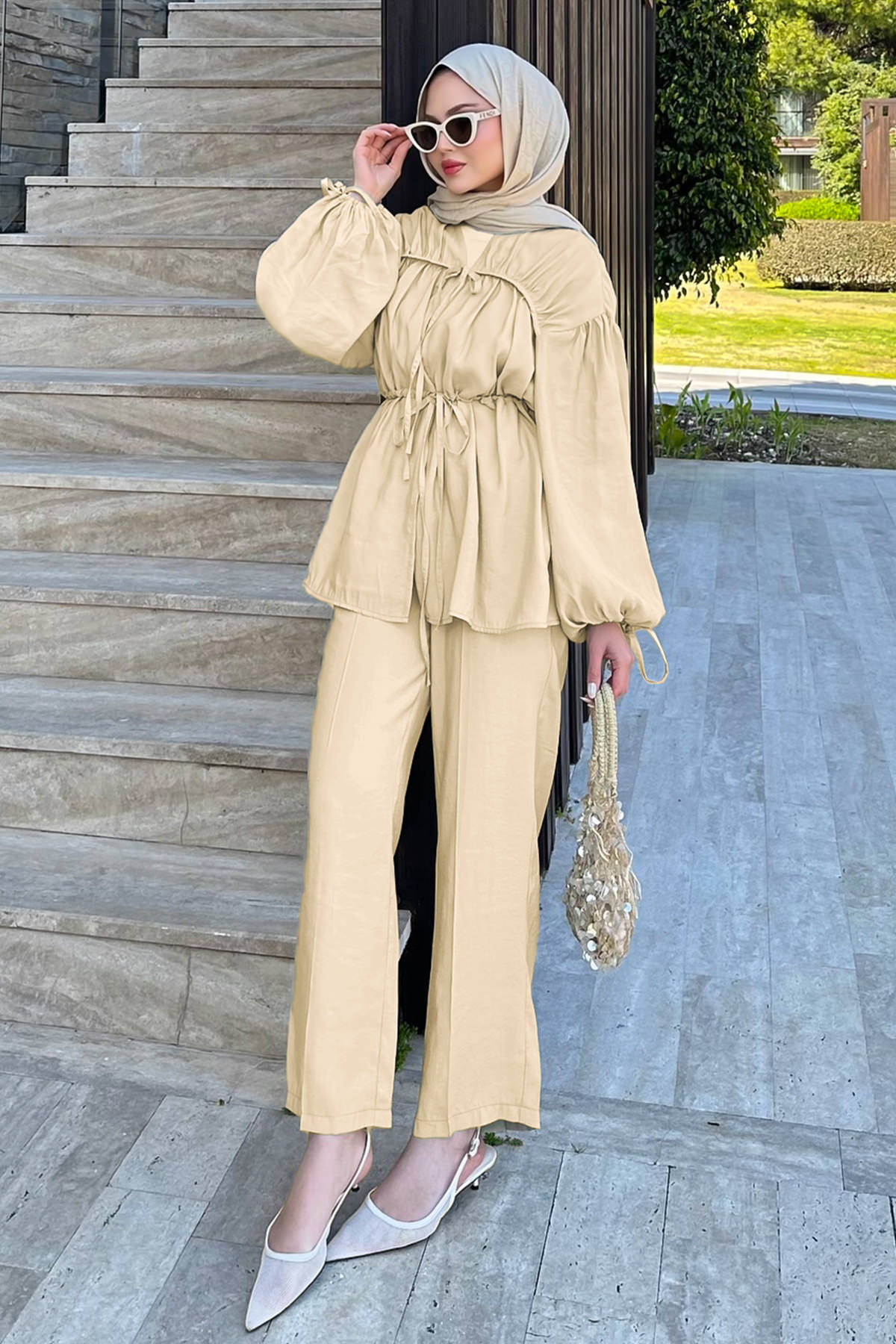 Büzgülü Tesettür Takım 41275 - TAŞ RENGİ |  