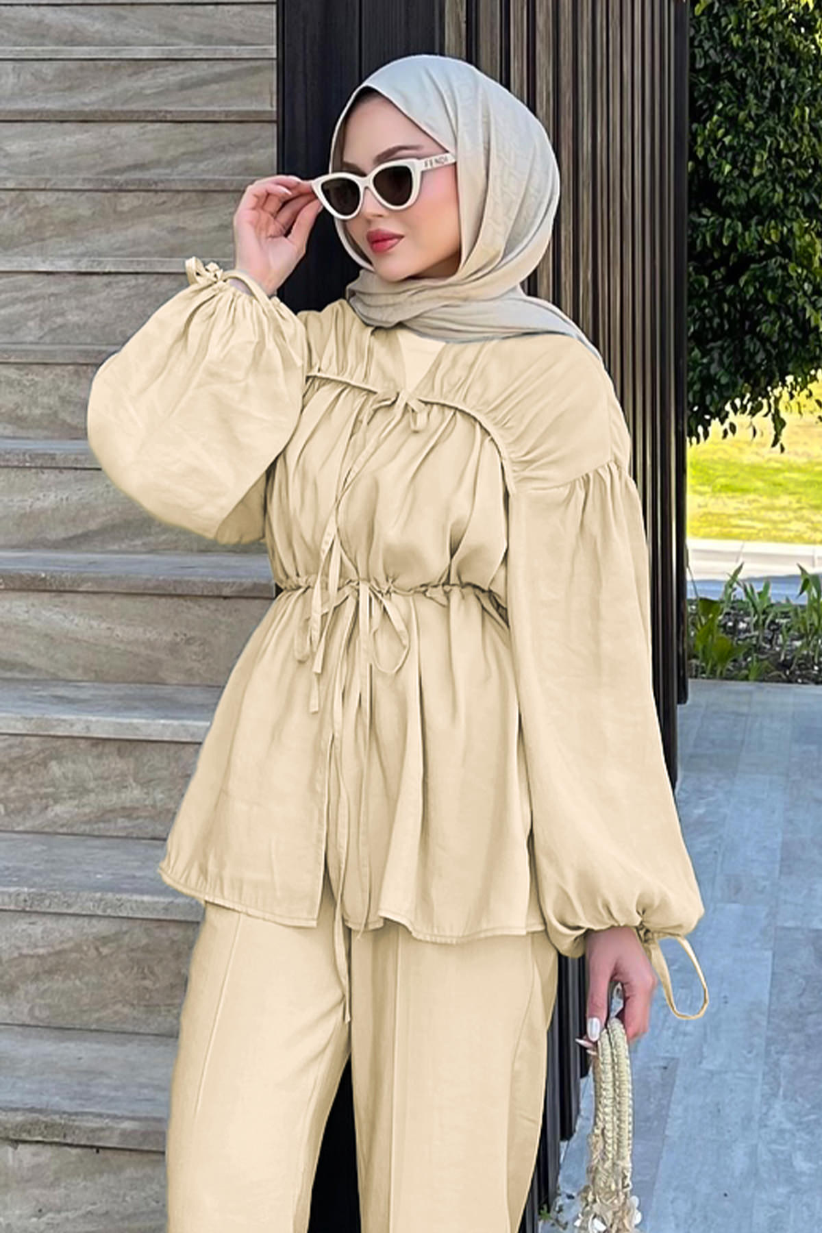 Büzgülü Tesettür Takım 41275 - TAŞ RENGİ |  