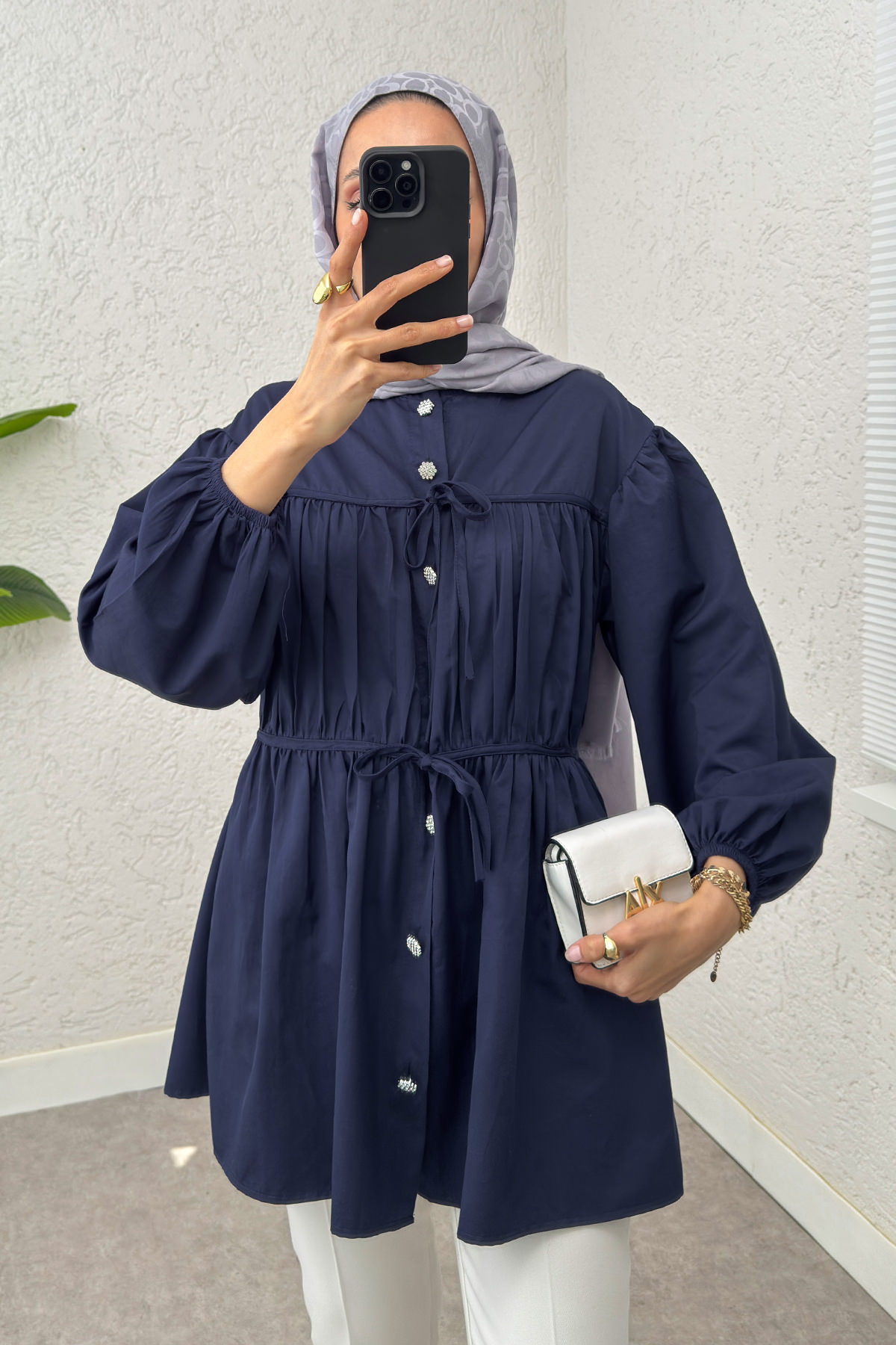 Büzgülü Bağcıklı Tunik 2252 - LACİVERT |  