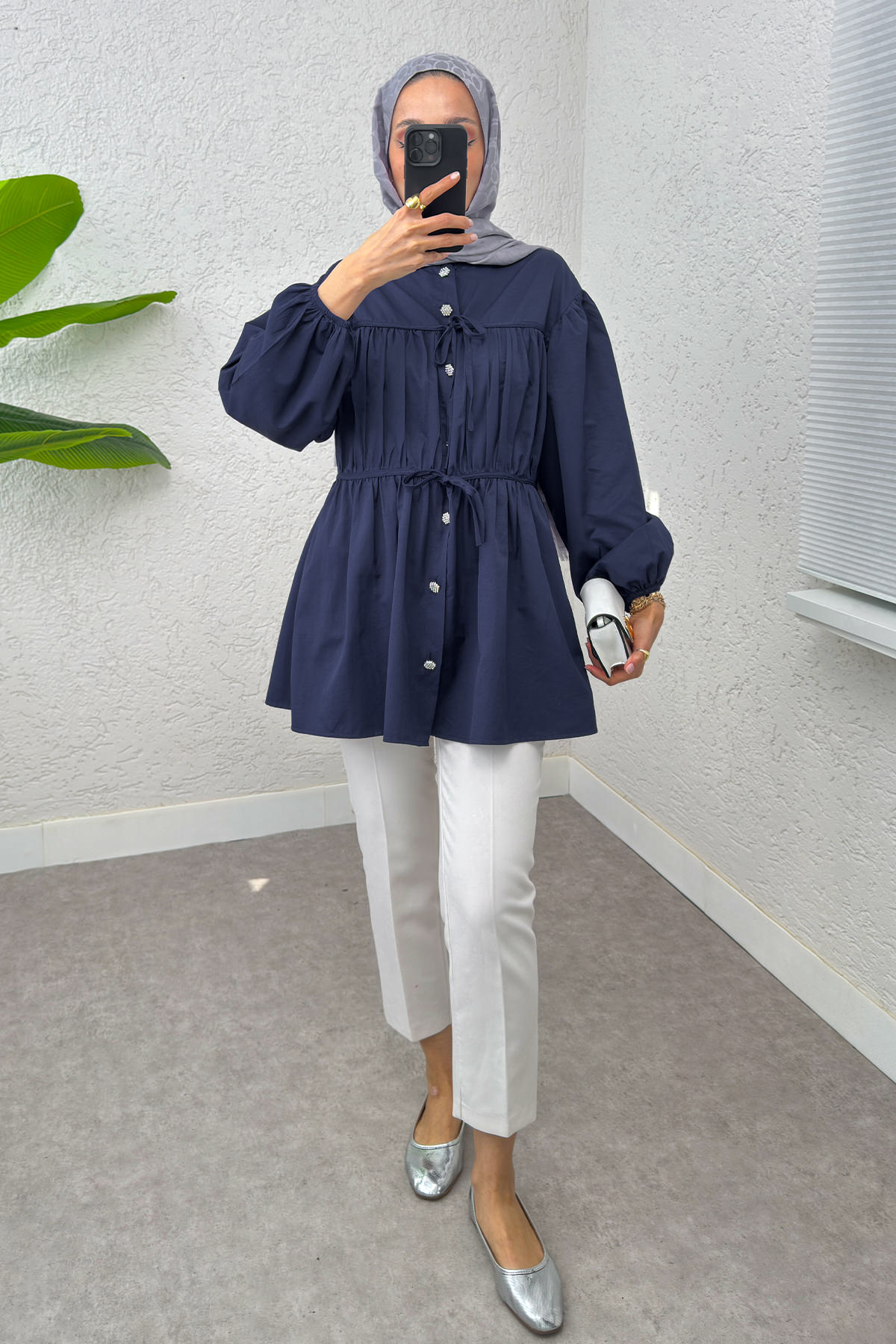 Büzgülü Bağcıklı Tunik 2252 - LACİVERT |  