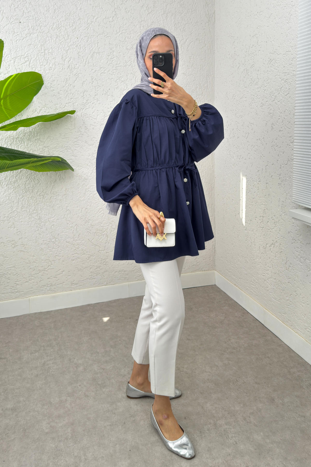 Büzgülü Bağcıklı Tunik 2252 - LACİVERT |  