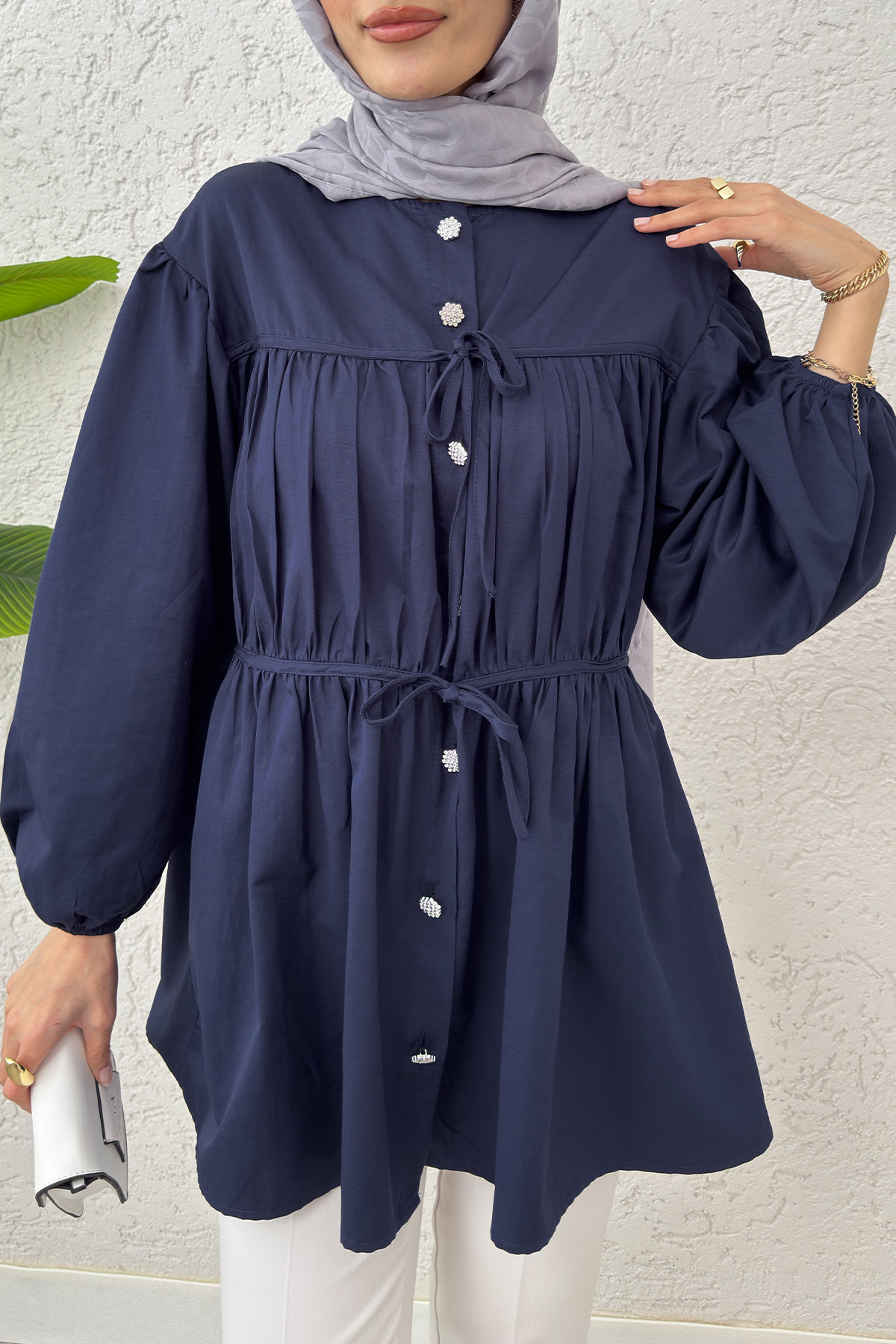 Büzgülü Bağcıklı Tunik 2252 - LACİVERT |  