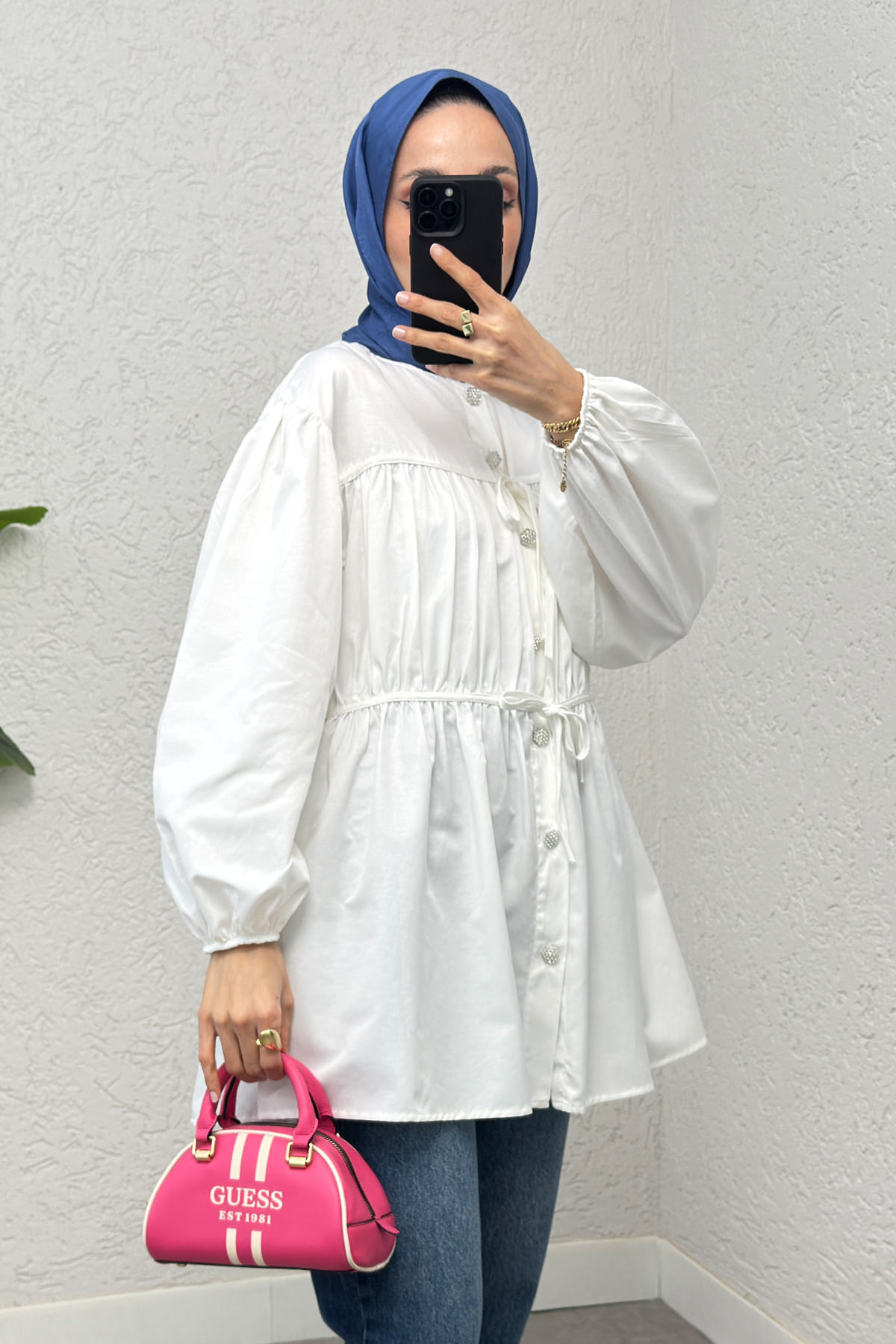 Büzgülü Bağcıklı Tunik 2252 - BEYAZ |  