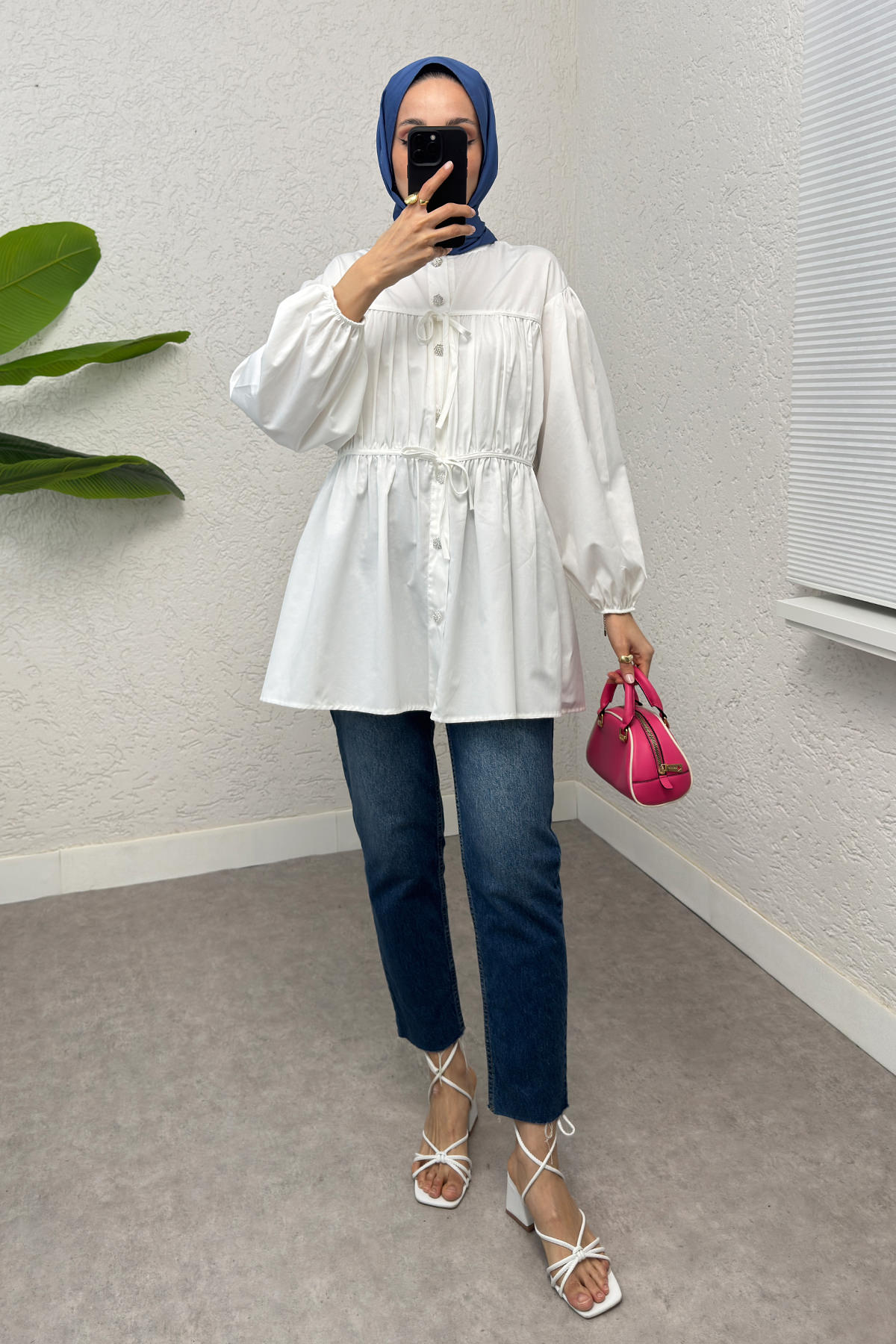 Büzgülü Bağcıklı Tunik 2252 - BEYAZ |  