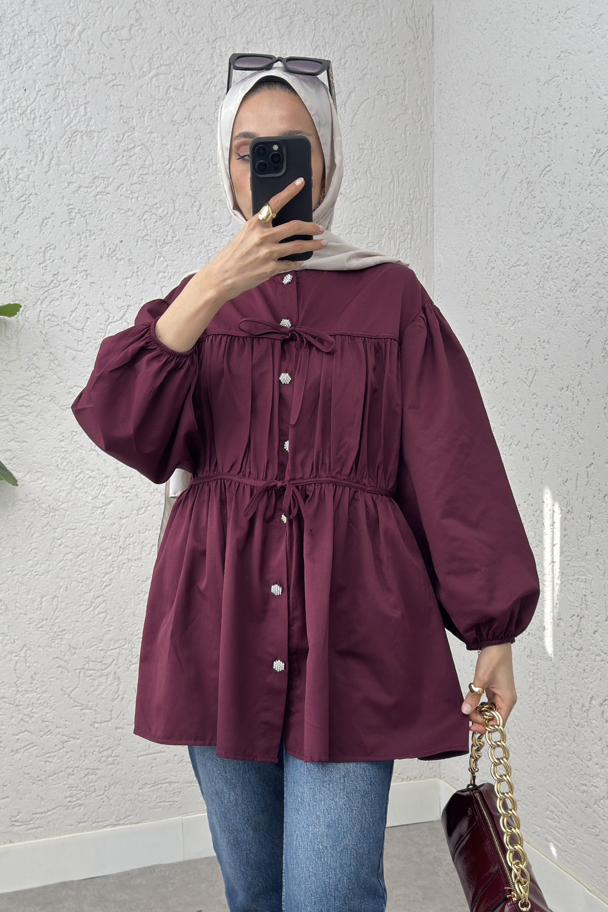 Büzgülü Bağcıklı Tunik 2252 - BORDO |  