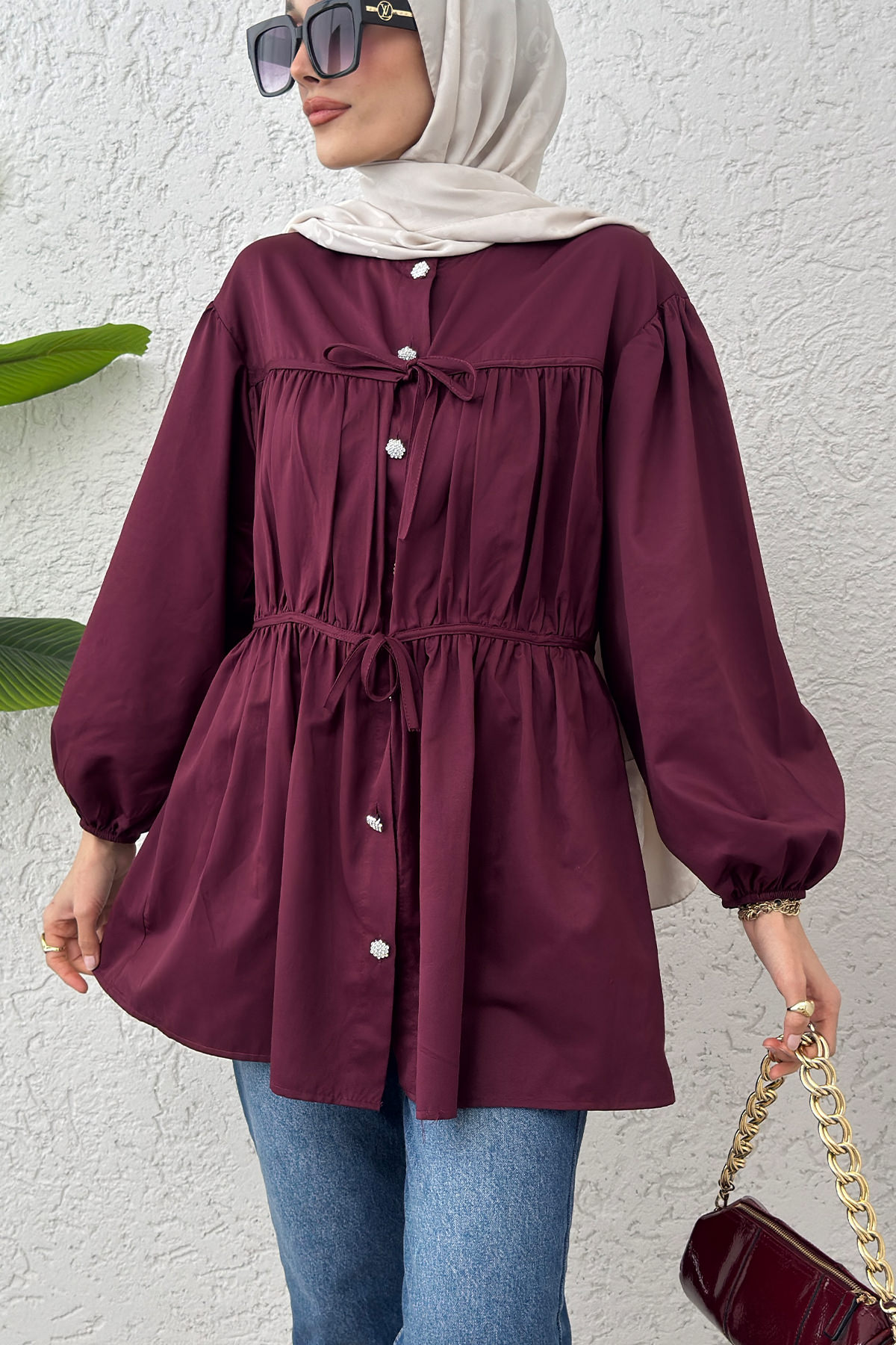 Büzgülü Bağcıklı Tunik 2252 - BORDO |  