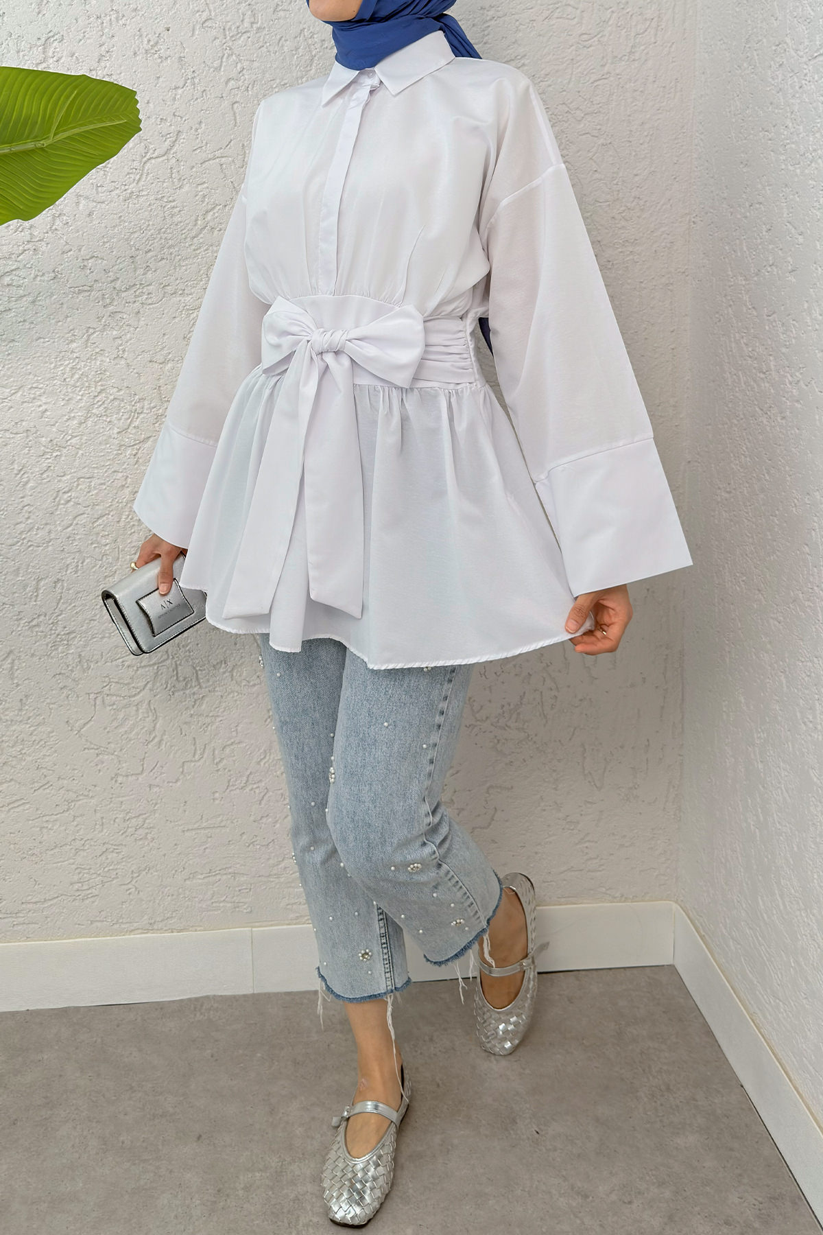 Kimono Kol Fiyonklu Tunik 1613 - BEYAZ |  