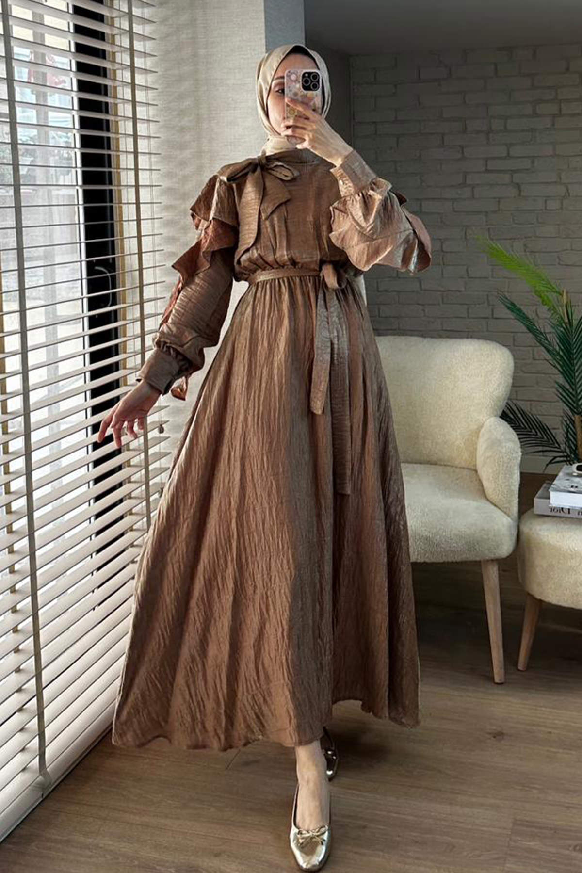 2025 Balon Kol İp Kemerli Elbise - TABA |  