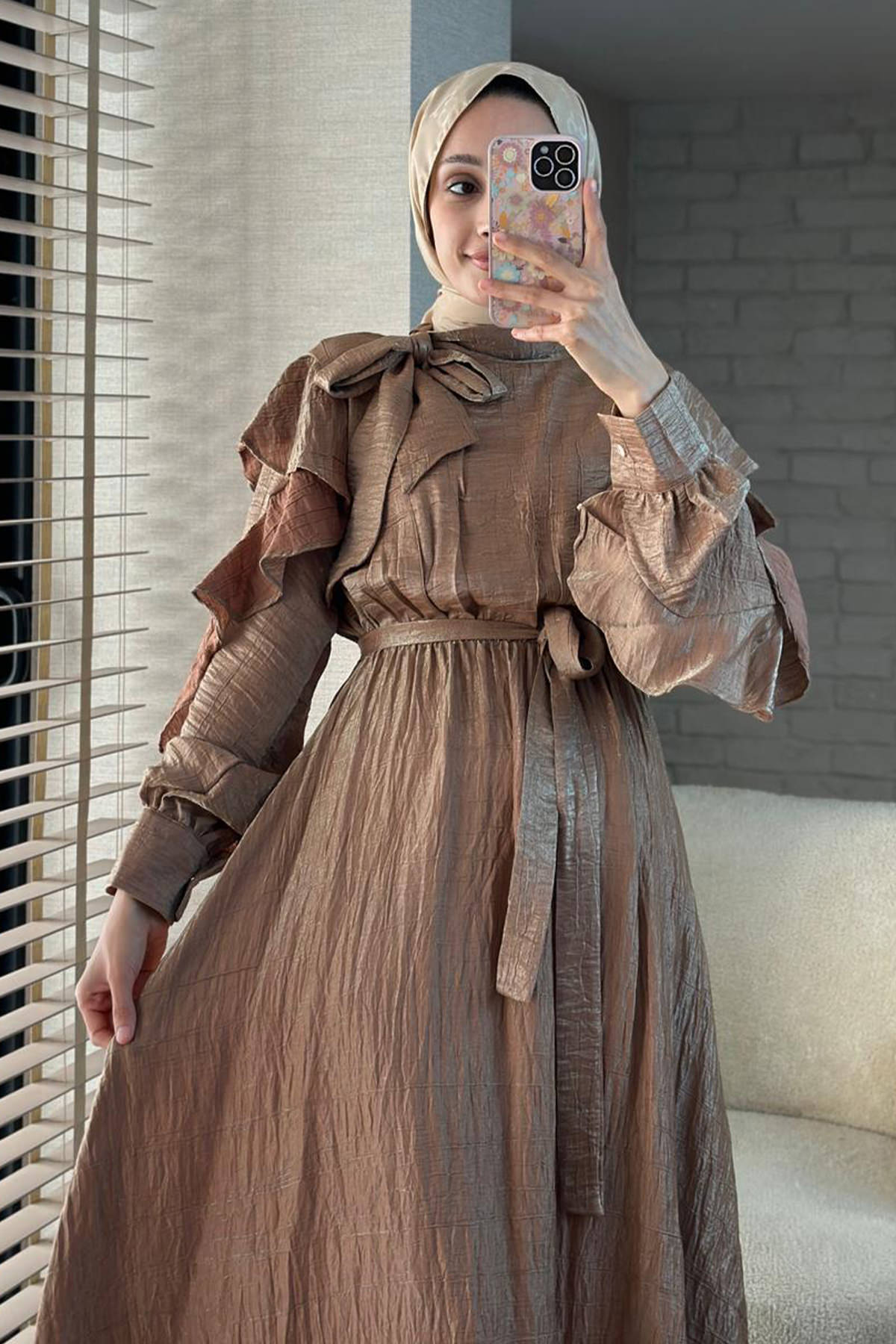 2025 Balon Kol İp Kemerli Elbise - TABA |  