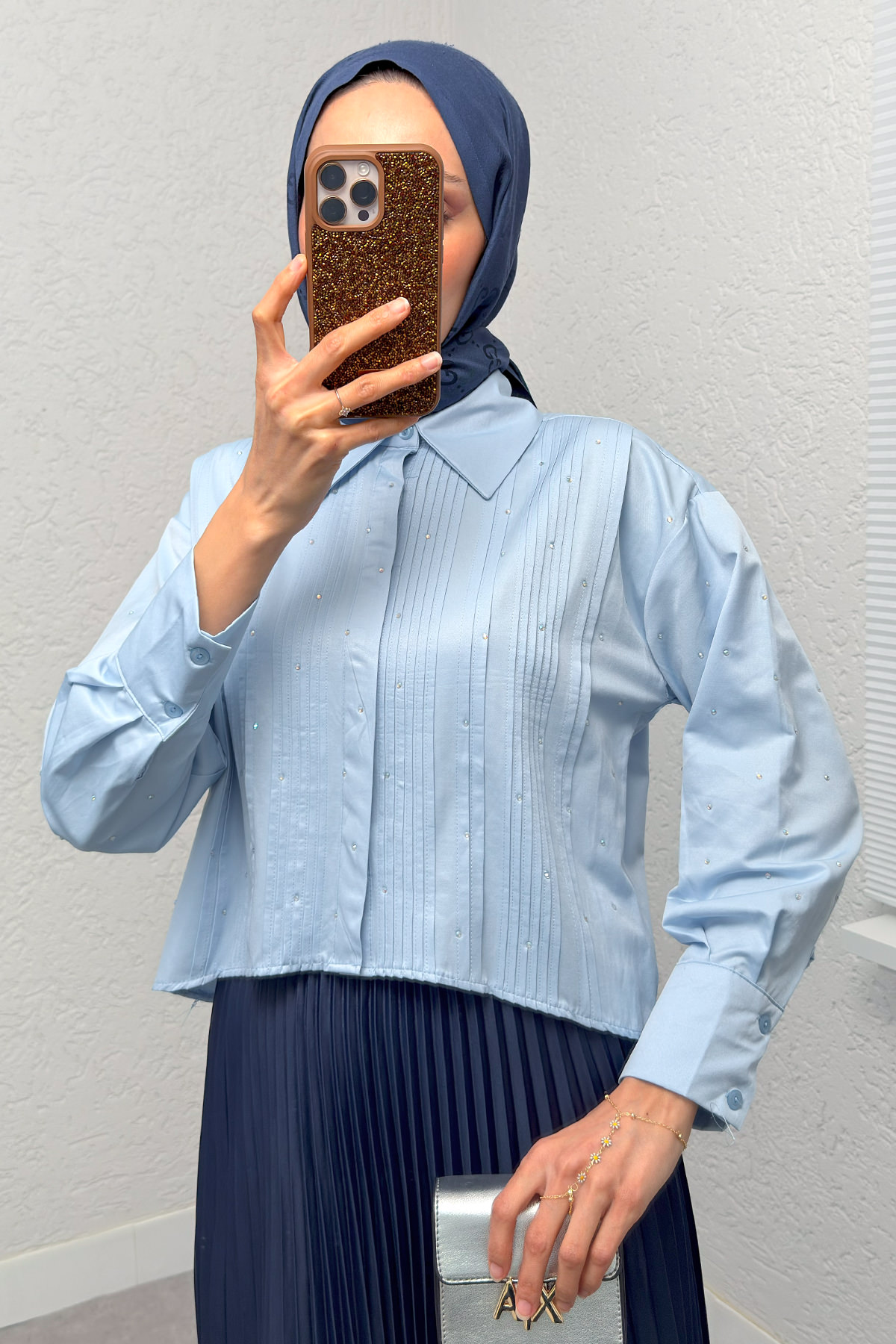 Nervürlü Taşlı Kısa Gömlek 2263 - BEBE MAVİSİ |  