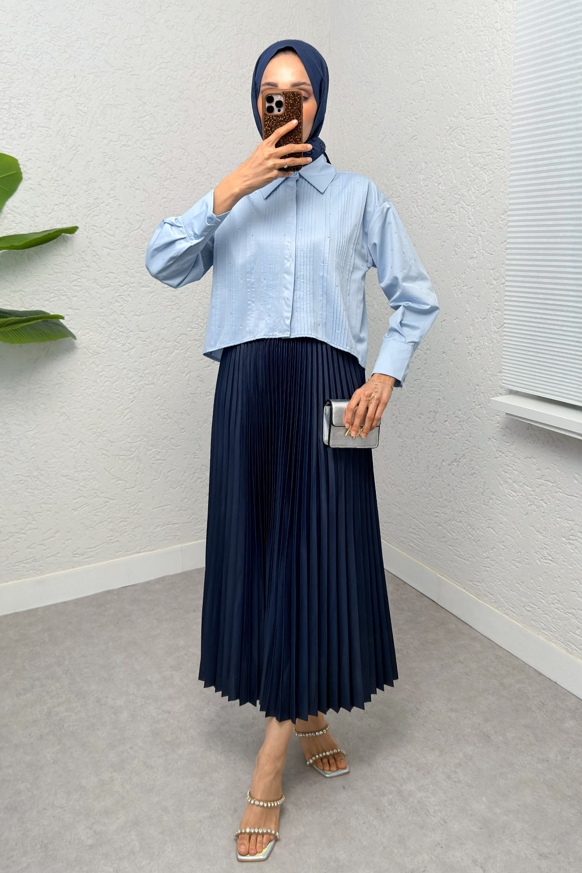 Nervürlü Taşlı Kısa Gömlek 2263 - BEBE MAVİSİ |  