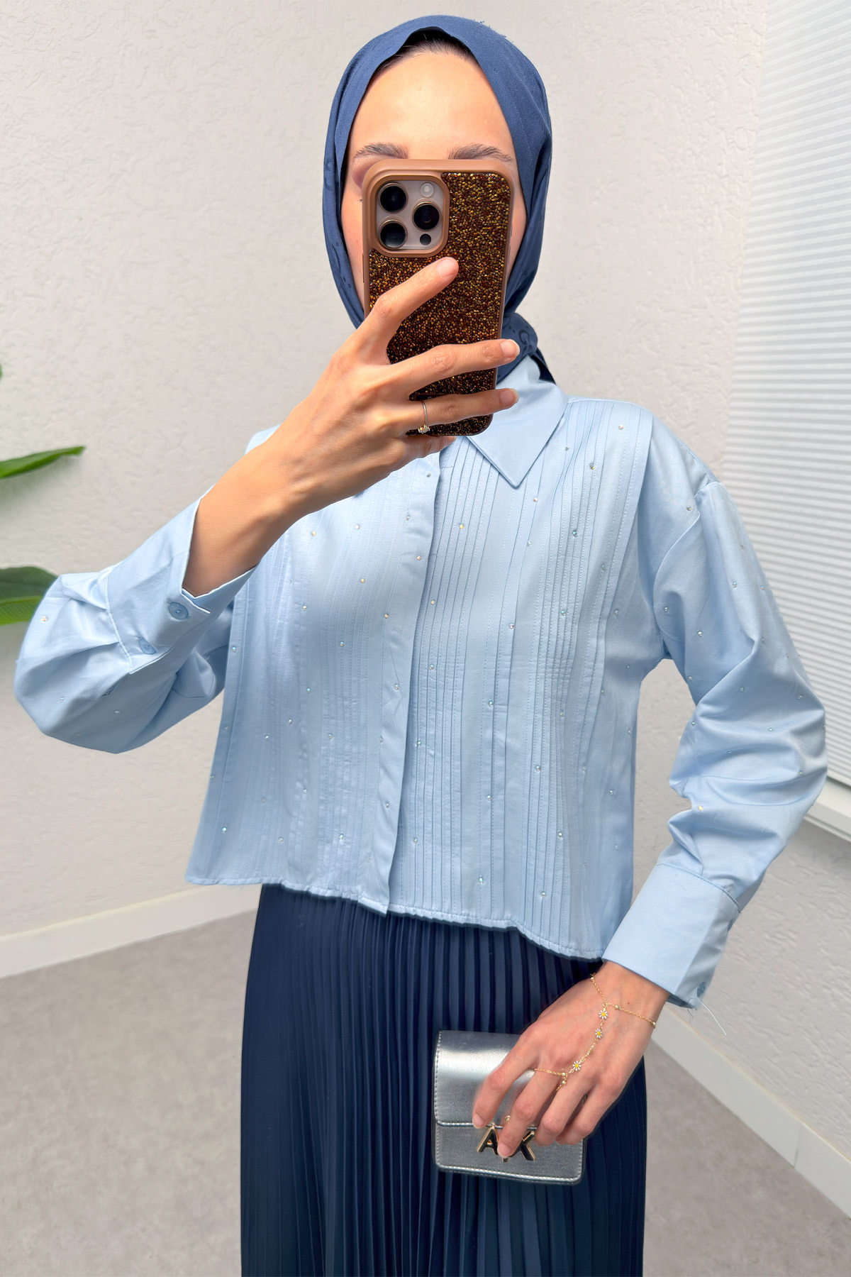 Nervürlü Taşlı Kısa Gömlek 2263 - BEBE MAVİSİ |  