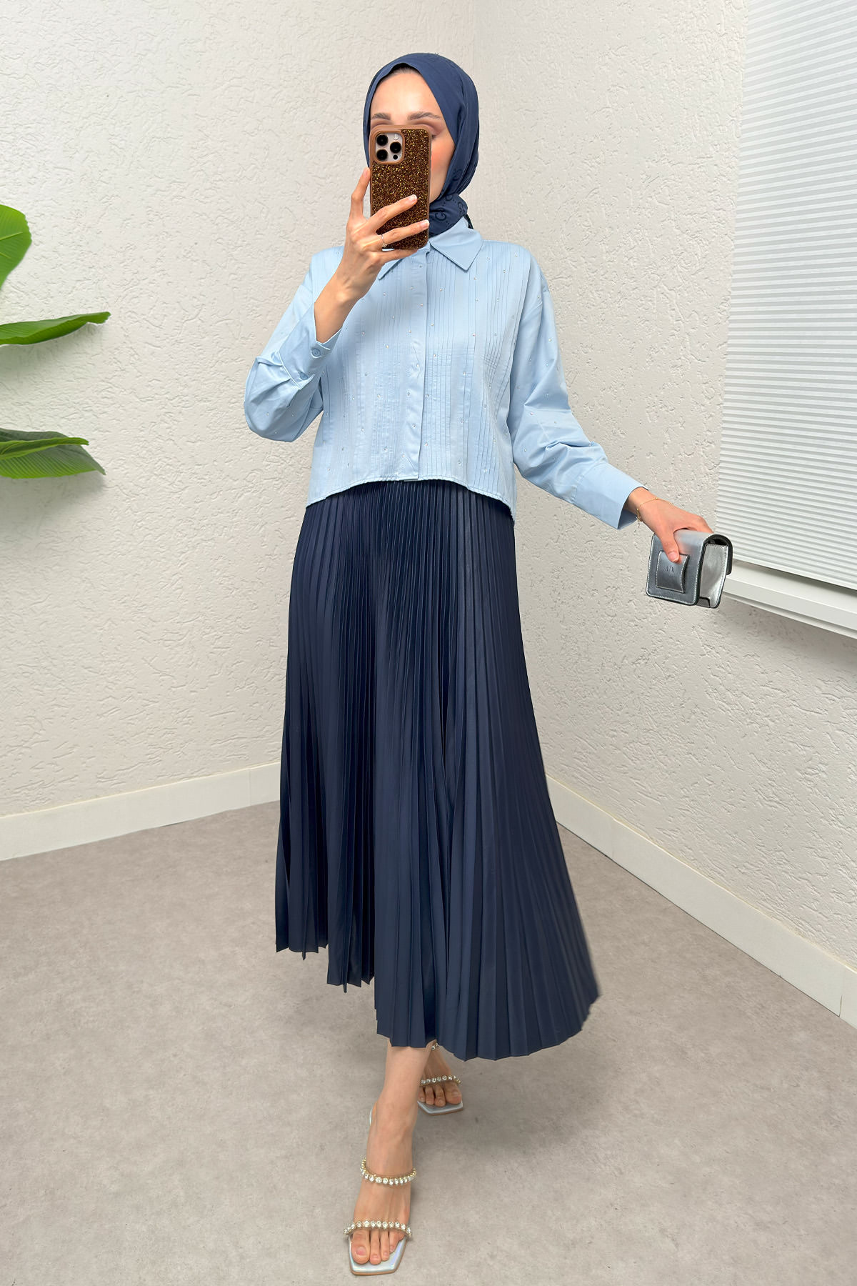 Nervürlü Taşlı Kısa Gömlek 2263 - BEBE MAVİSİ |  