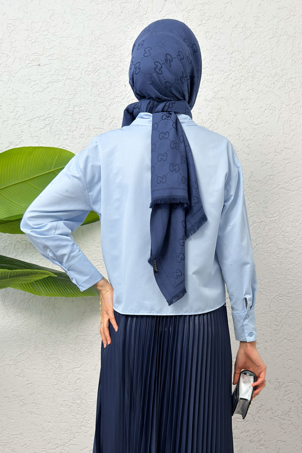 Nervürlü Taşlı Kısa Gömlek 2263 - BEBE MAVİSİ |  