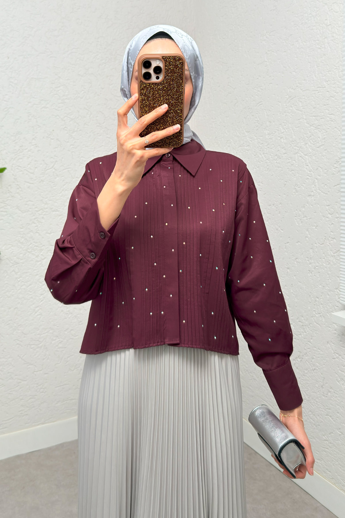 Nervürlü Taşlı Kısa Gömlek 2263 - BORDO |  