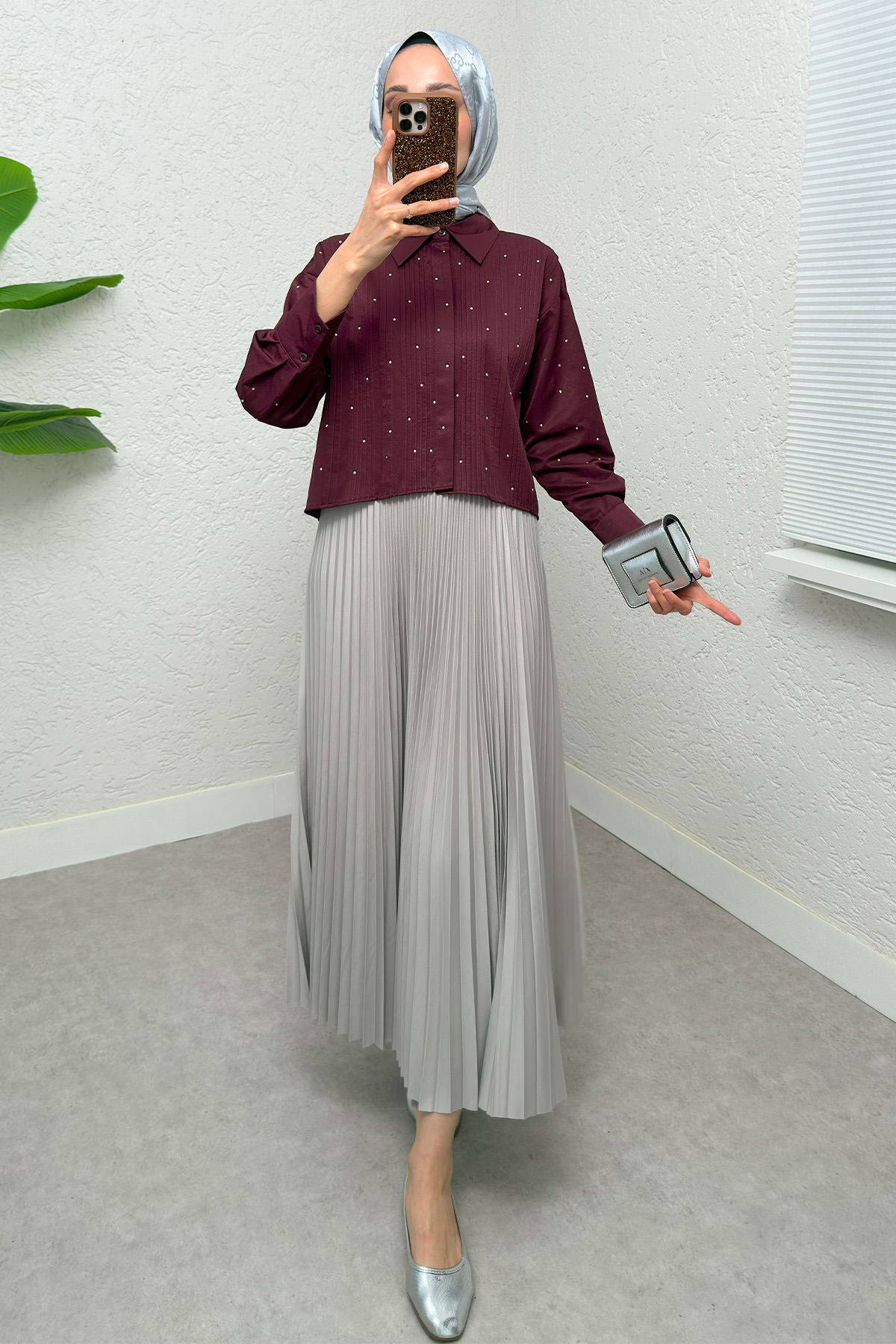 Nervürlü Taşlı Kısa Gömlek 2263 - BORDO |  