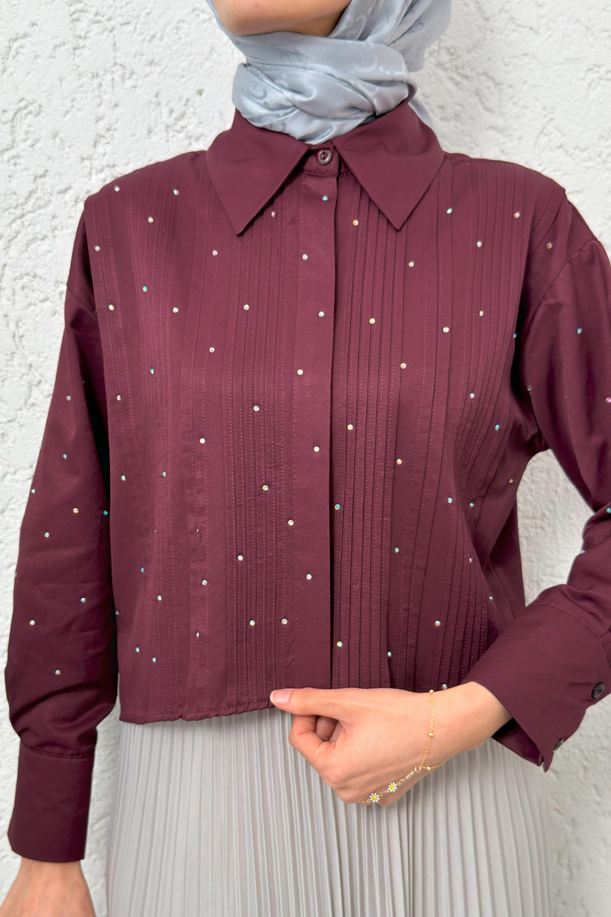 Nervürlü Taşlı Kısa Gömlek 2263 - BORDO |  