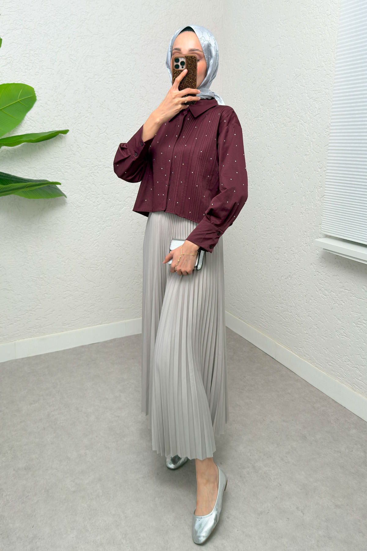 Nervürlü Taşlı Kısa Gömlek 2263 - BORDO |  