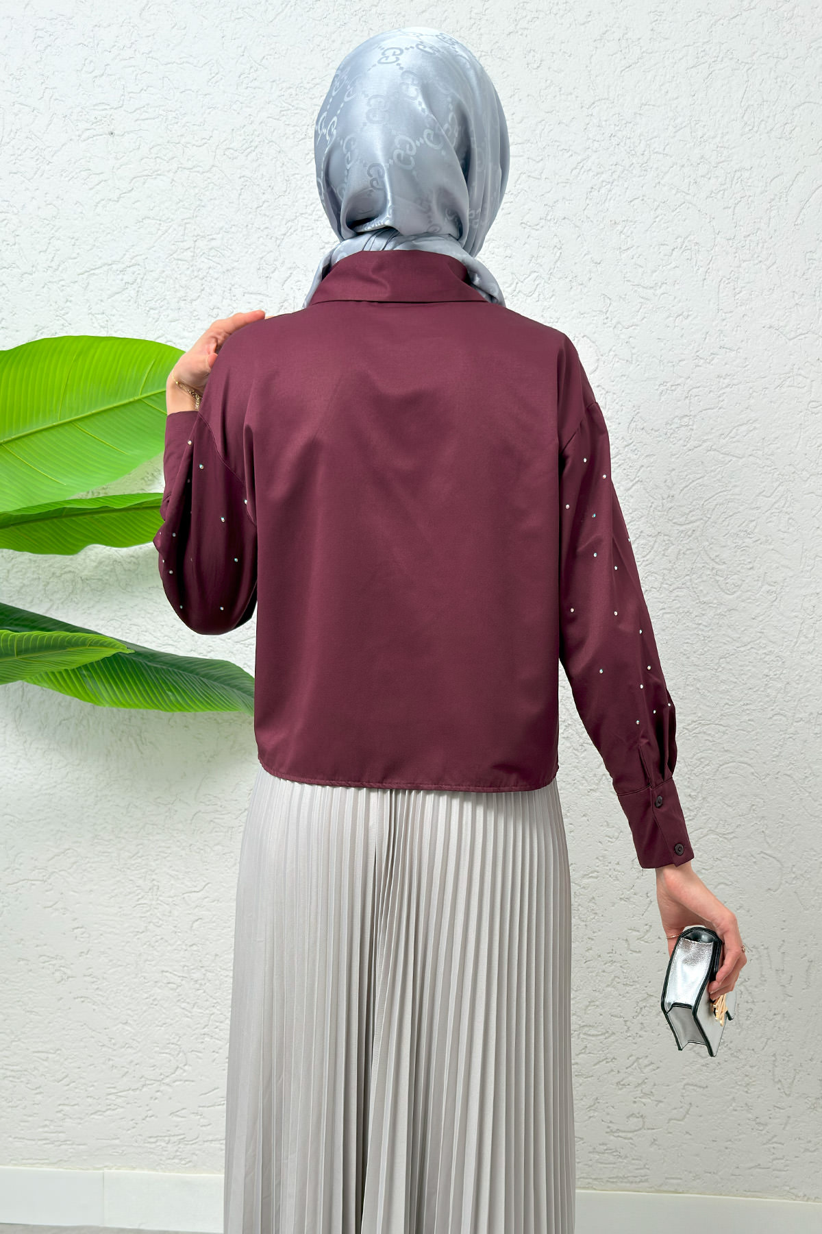 Nervürlü Taşlı Kısa Gömlek 2263 - BORDO |  