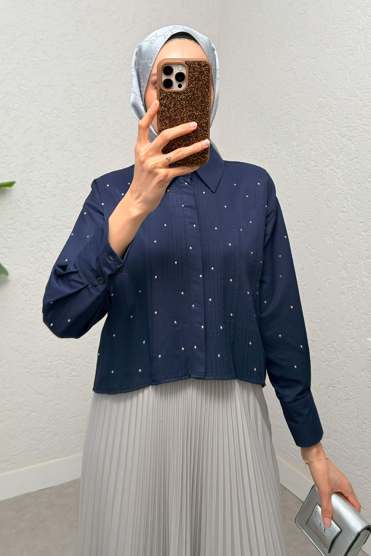 Nervürlü Taşlı Kısa Gömlek 2263 - LACİVERT |  