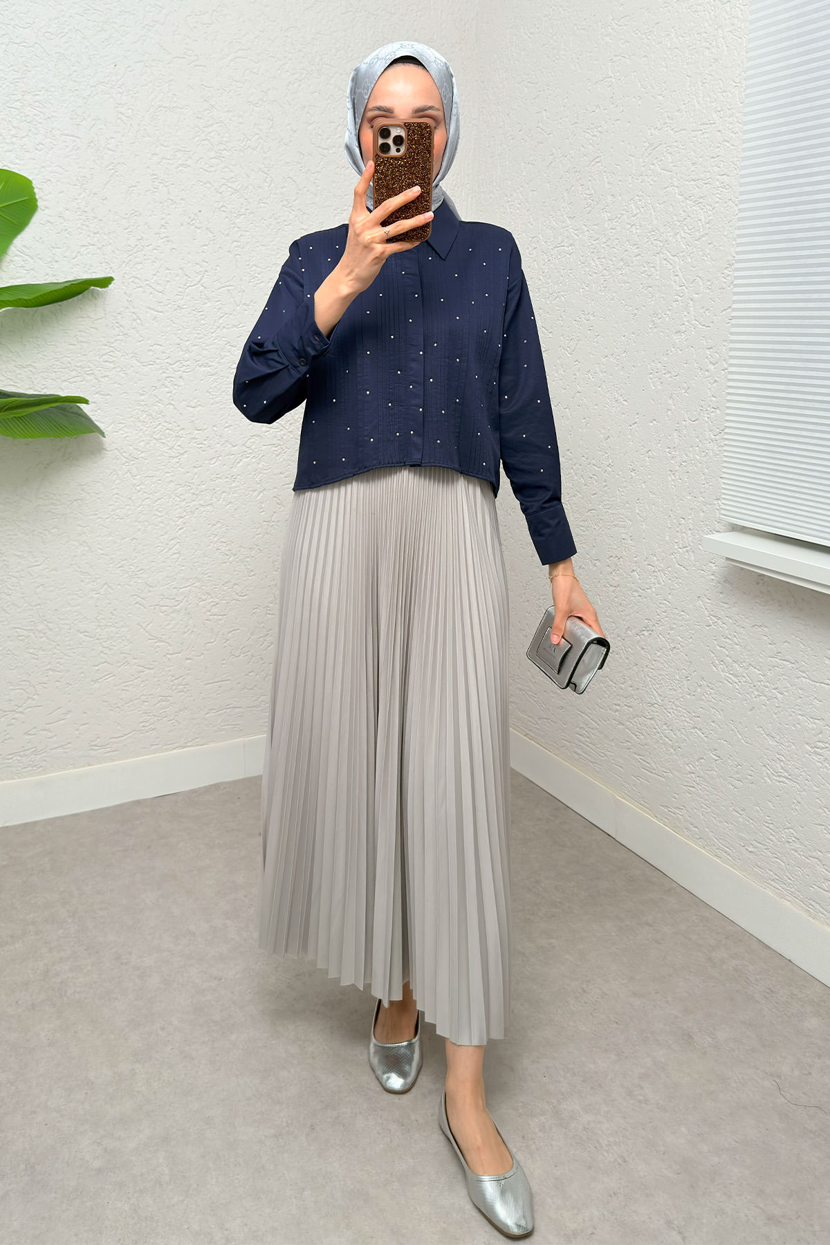 Nervürlü Taşlı Kısa Gömlek 2263 - LACİVERT |  