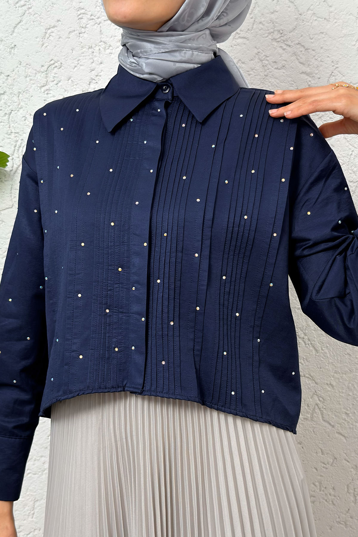 Nervürlü Taşlı Kısa Gömlek 2263 - LACİVERT |  