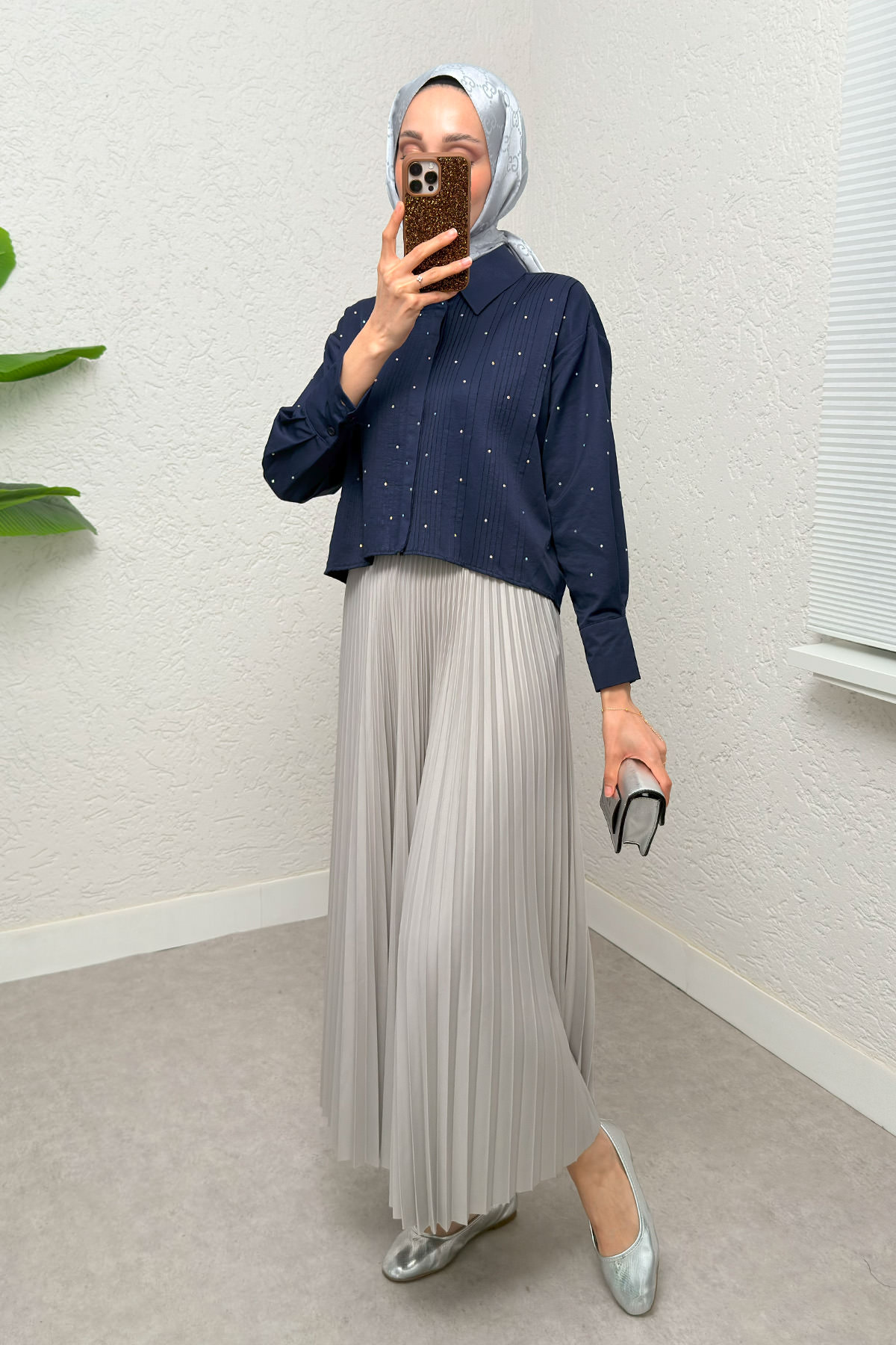 Nervürlü Taşlı Kısa Gömlek 2263 - LACİVERT |  