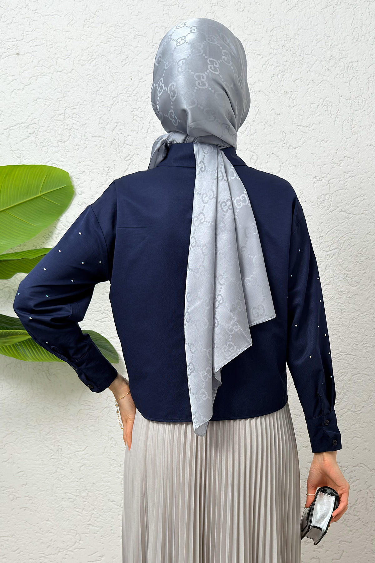 Nervürlü Taşlı Kısa Gömlek 2263 - LACİVERT |  