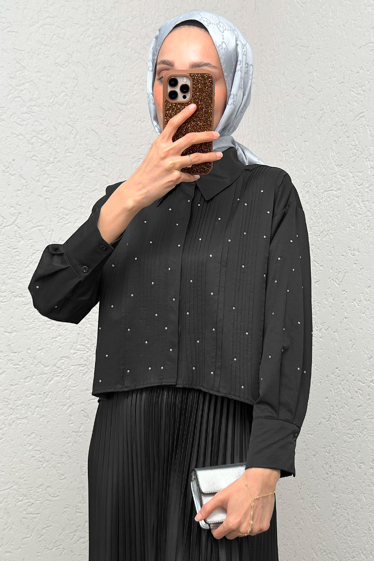 Nervürlü Taşlı Kısa Gömlek 2263 - SİYAH |  