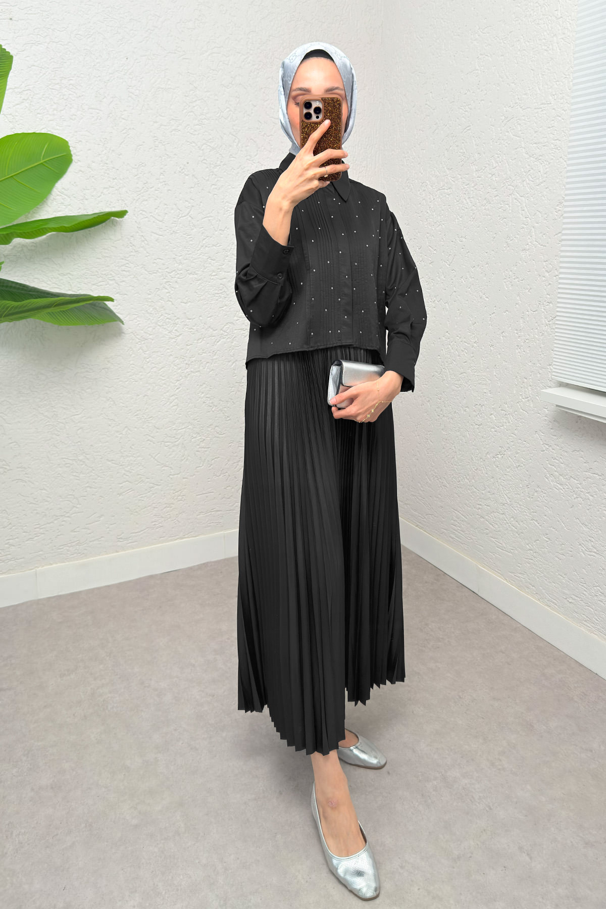 Nervürlü Taşlı Kısa Gömlek 2263 - SİYAH |  