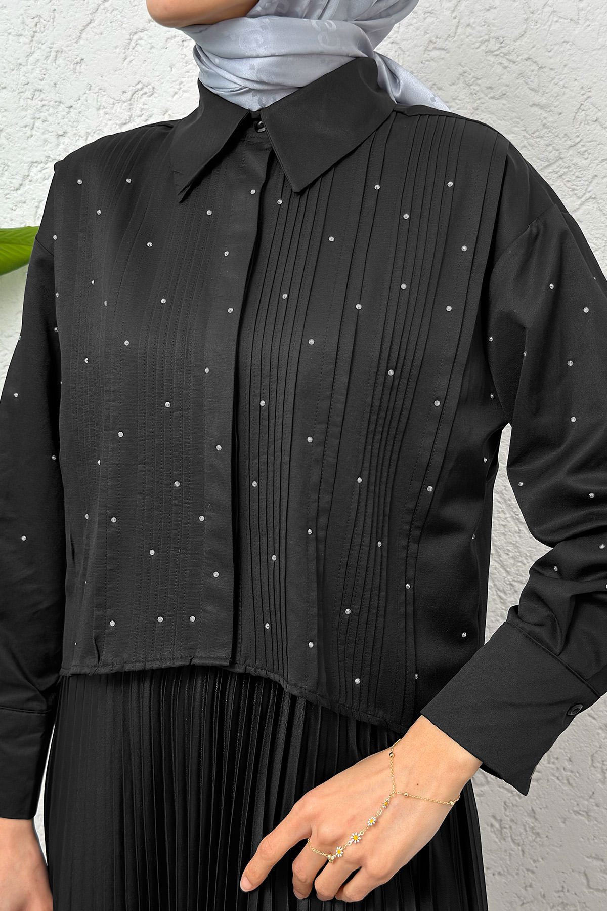 Nervürlü Taşlı Kısa Gömlek 2263 - SİYAH |  