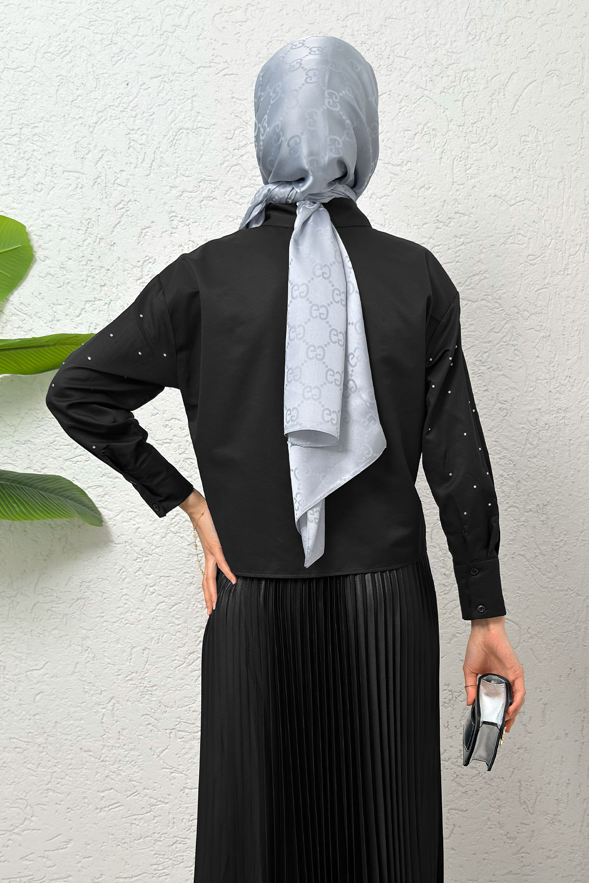 Nervürlü Taşlı Kısa Gömlek 2263 - SİYAH |  