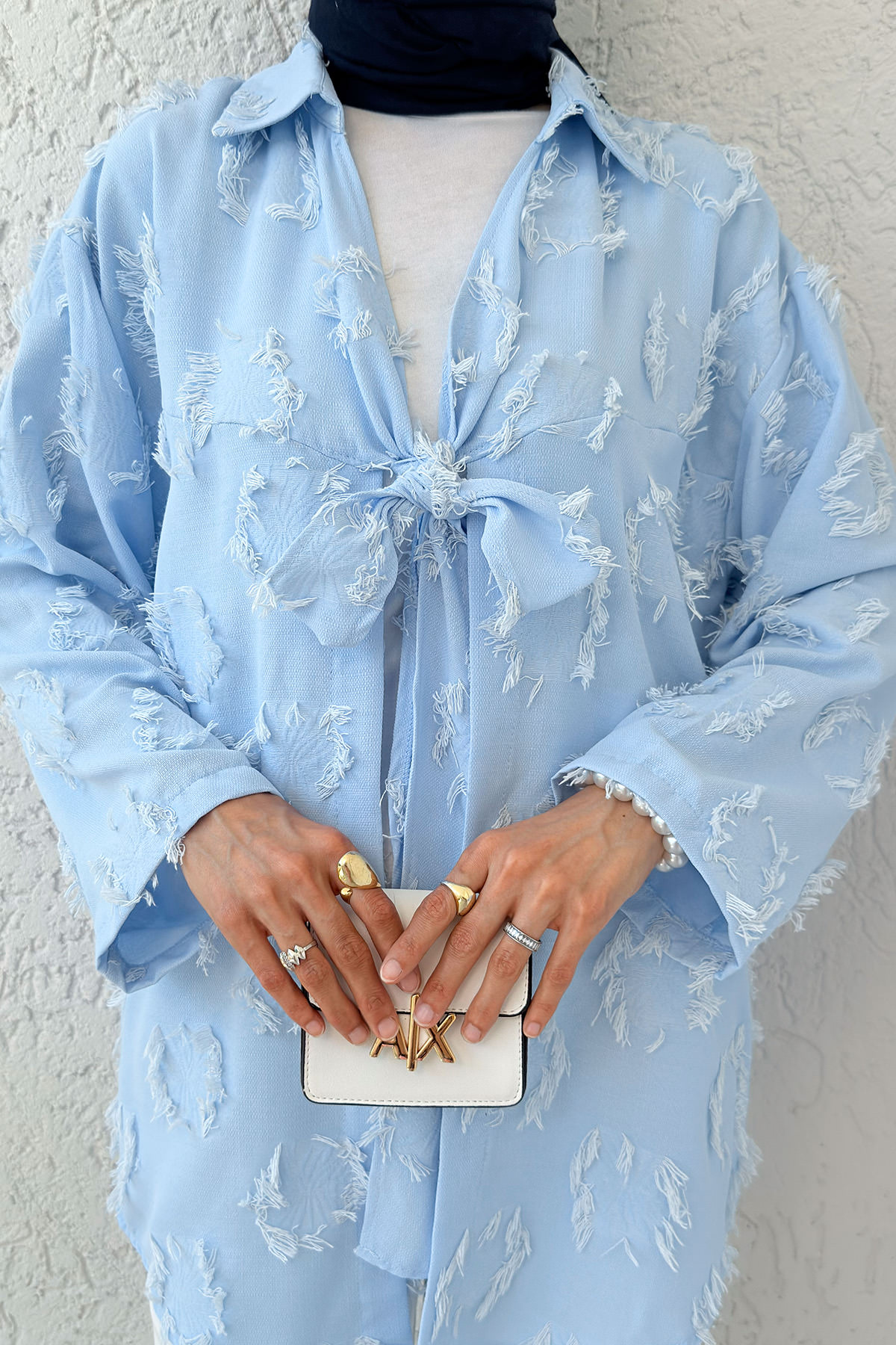 Püskül Detaylı Uzun Kimono 2334 - BEBE MAVİSİ |  