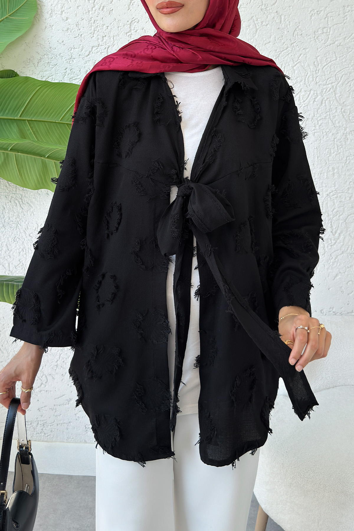 Püskül Detaylı Uzun Kimono  Tunik  2334 - SİYAH |  