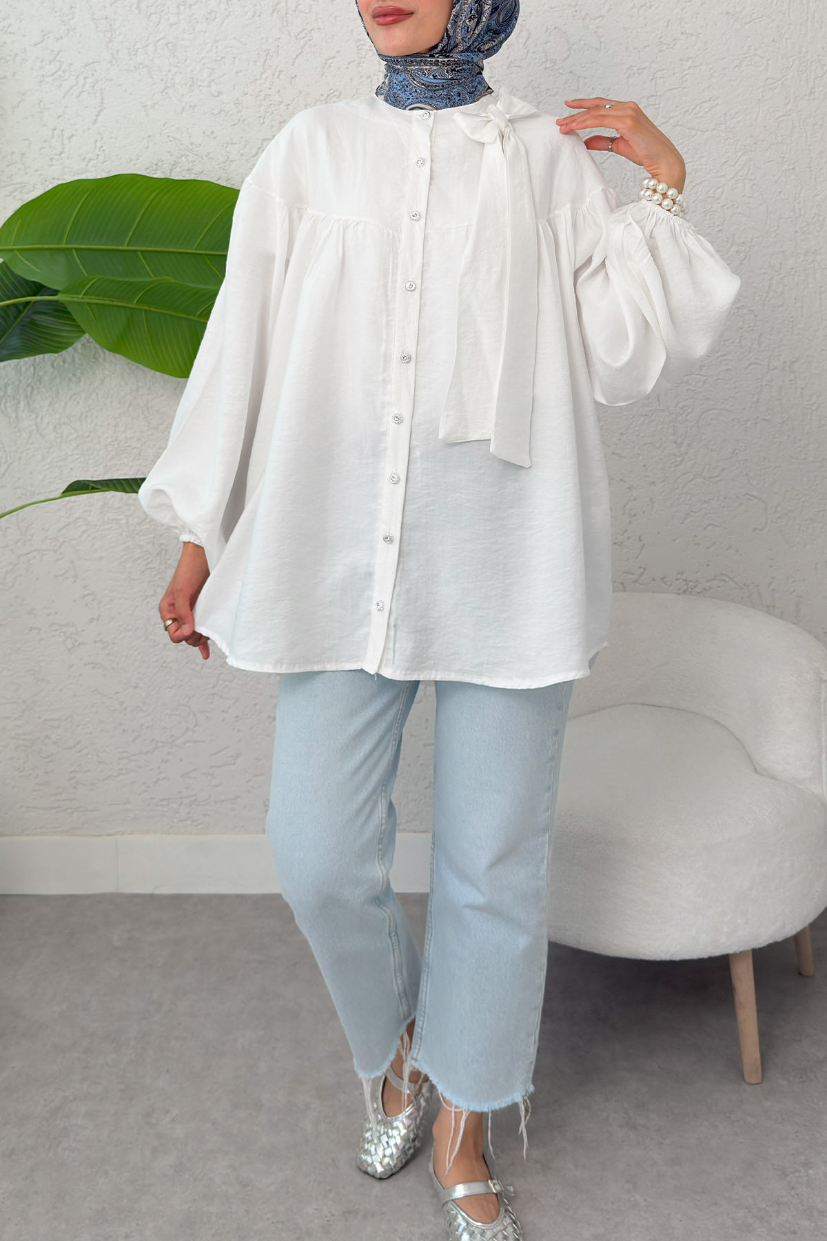 Omuz Fiyonklu Tunik 2327 - BEYAZ |  