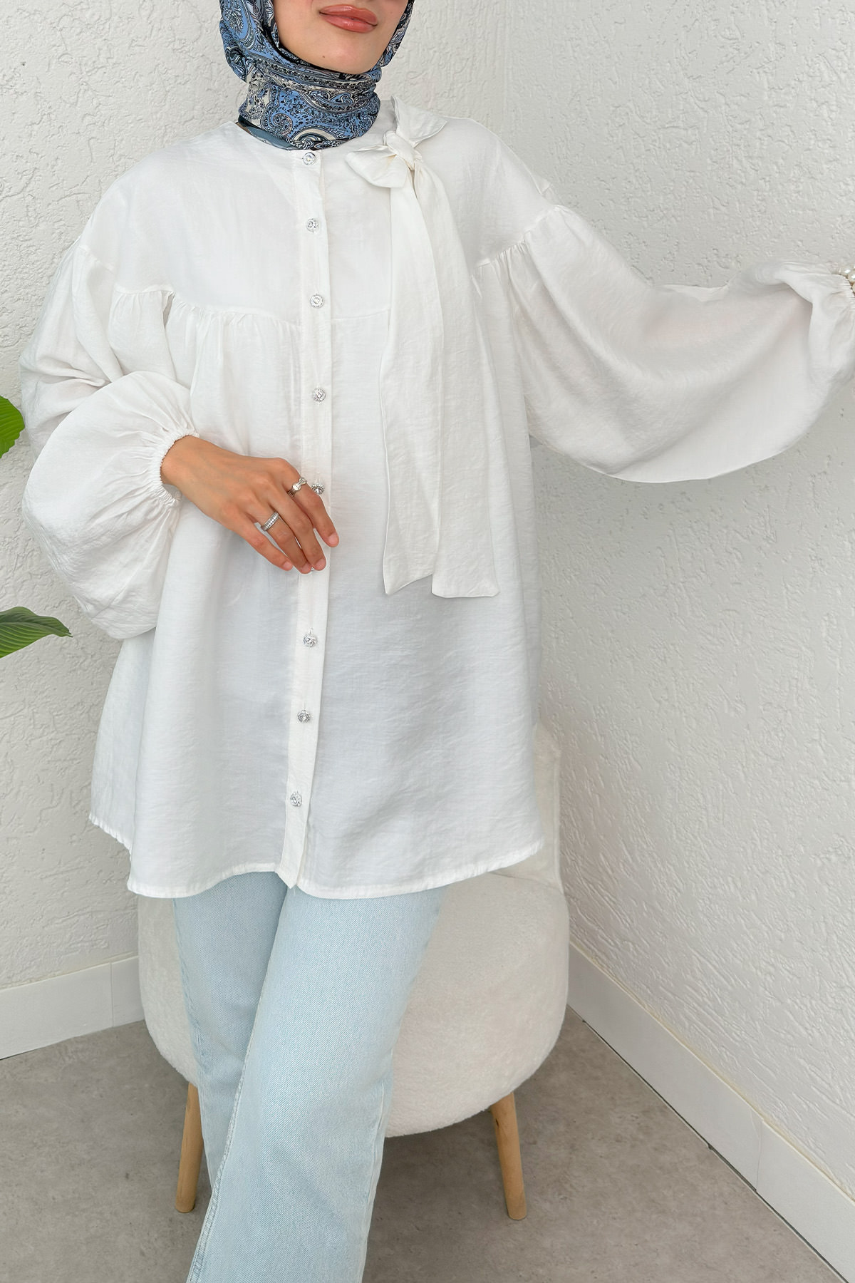 Omuz Fiyonklu Tunik 2327 - BEYAZ |  