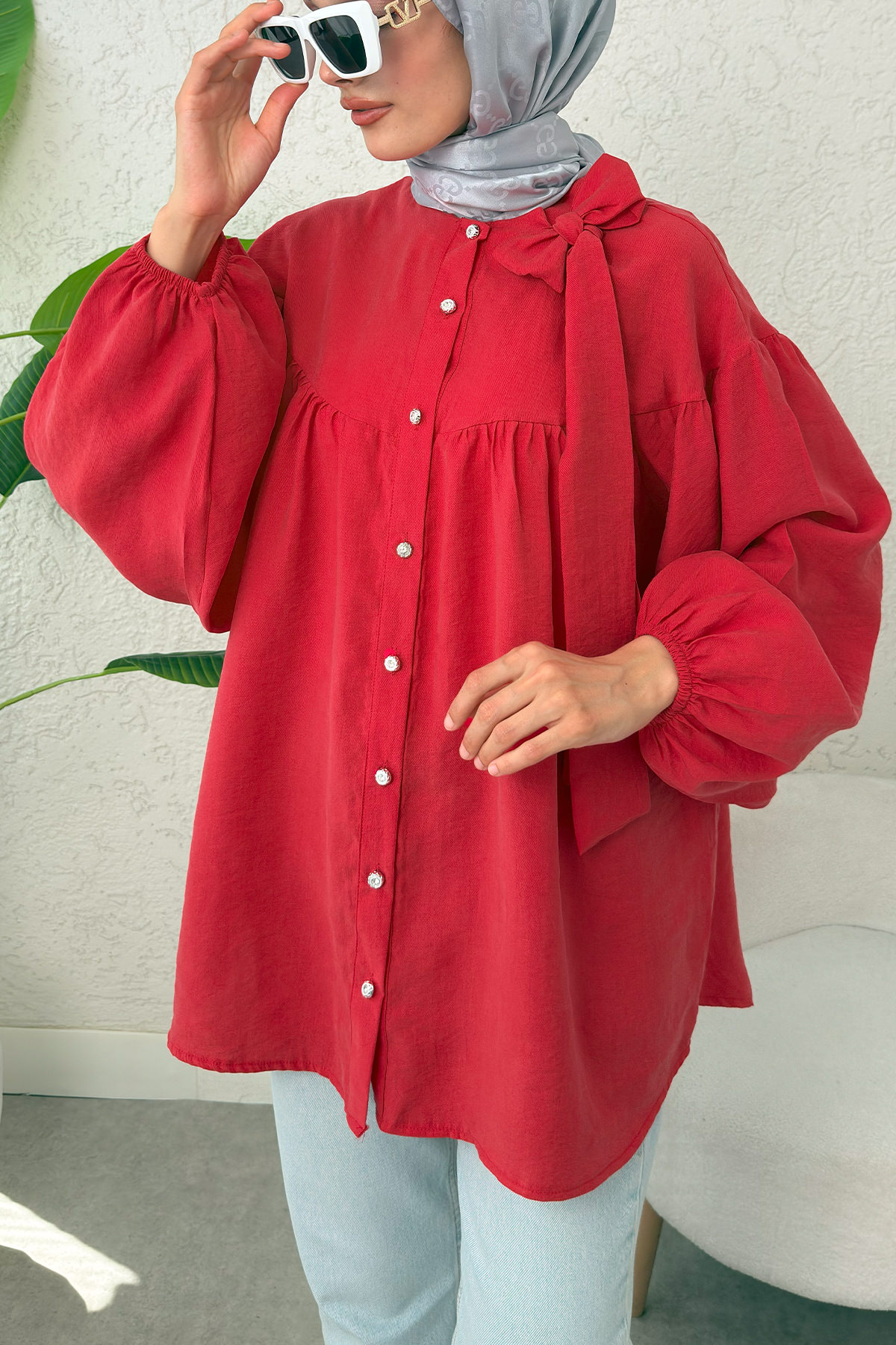 Omuz Fiyonklu Tunik 2327 - KIRMIZI |  