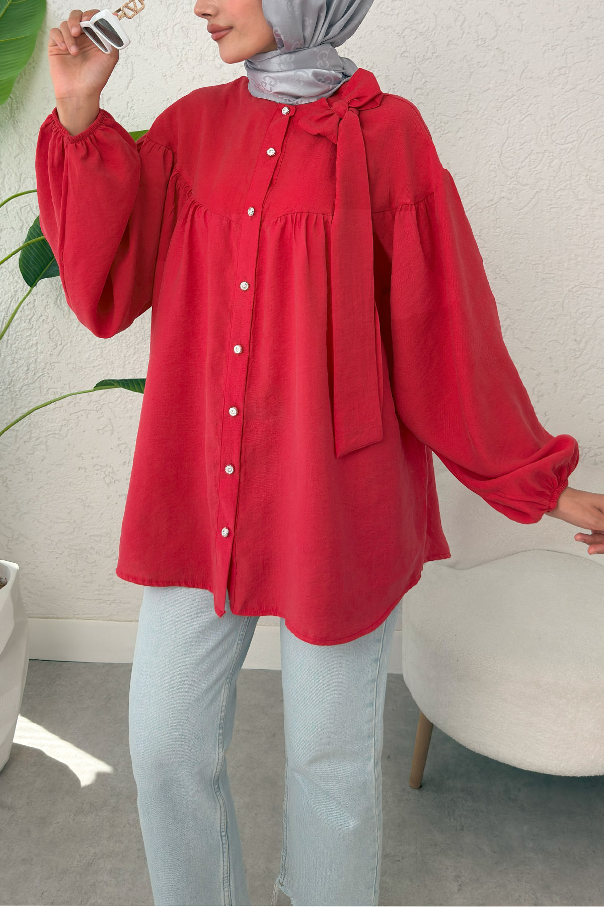 Omuz Fiyonklu Tunik 2327 - KIRMIZI |  