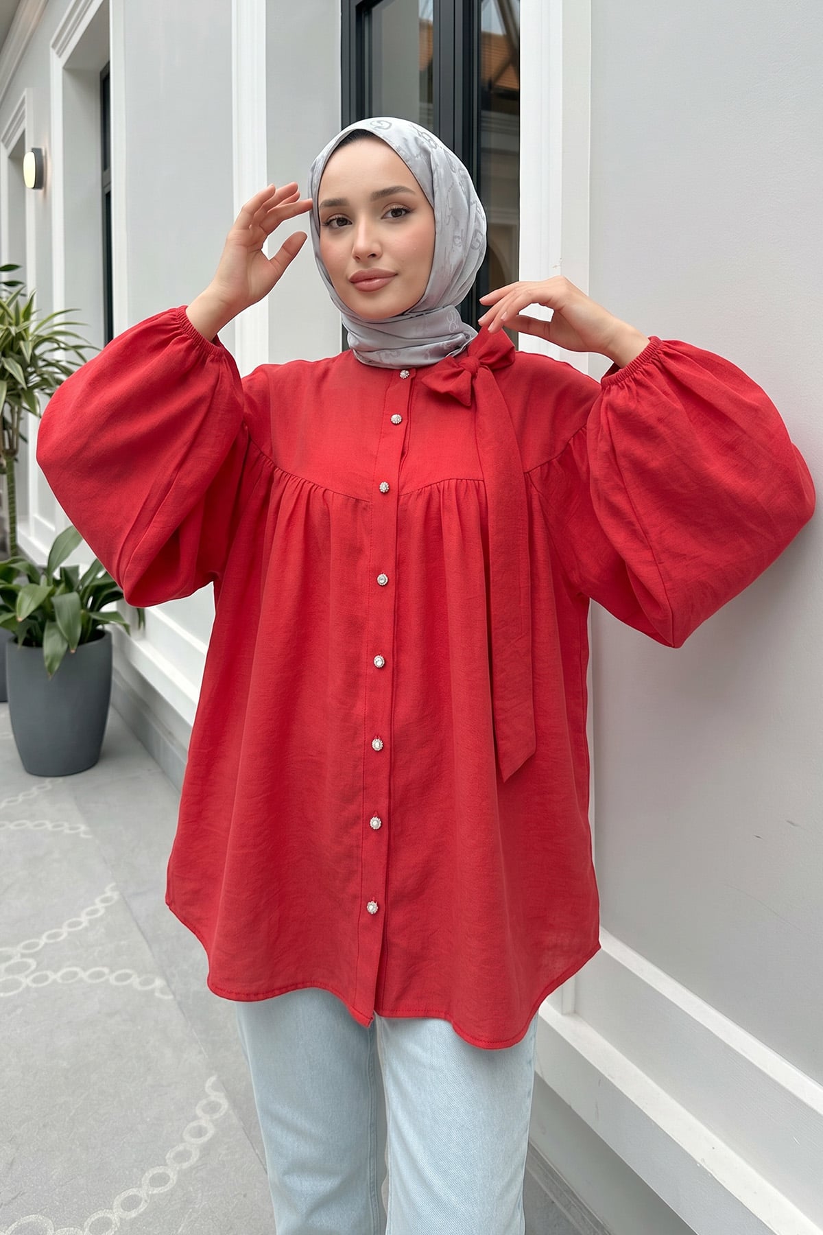 Omuz Fiyonklu Tunik 2327 - KIRMIZI |  
