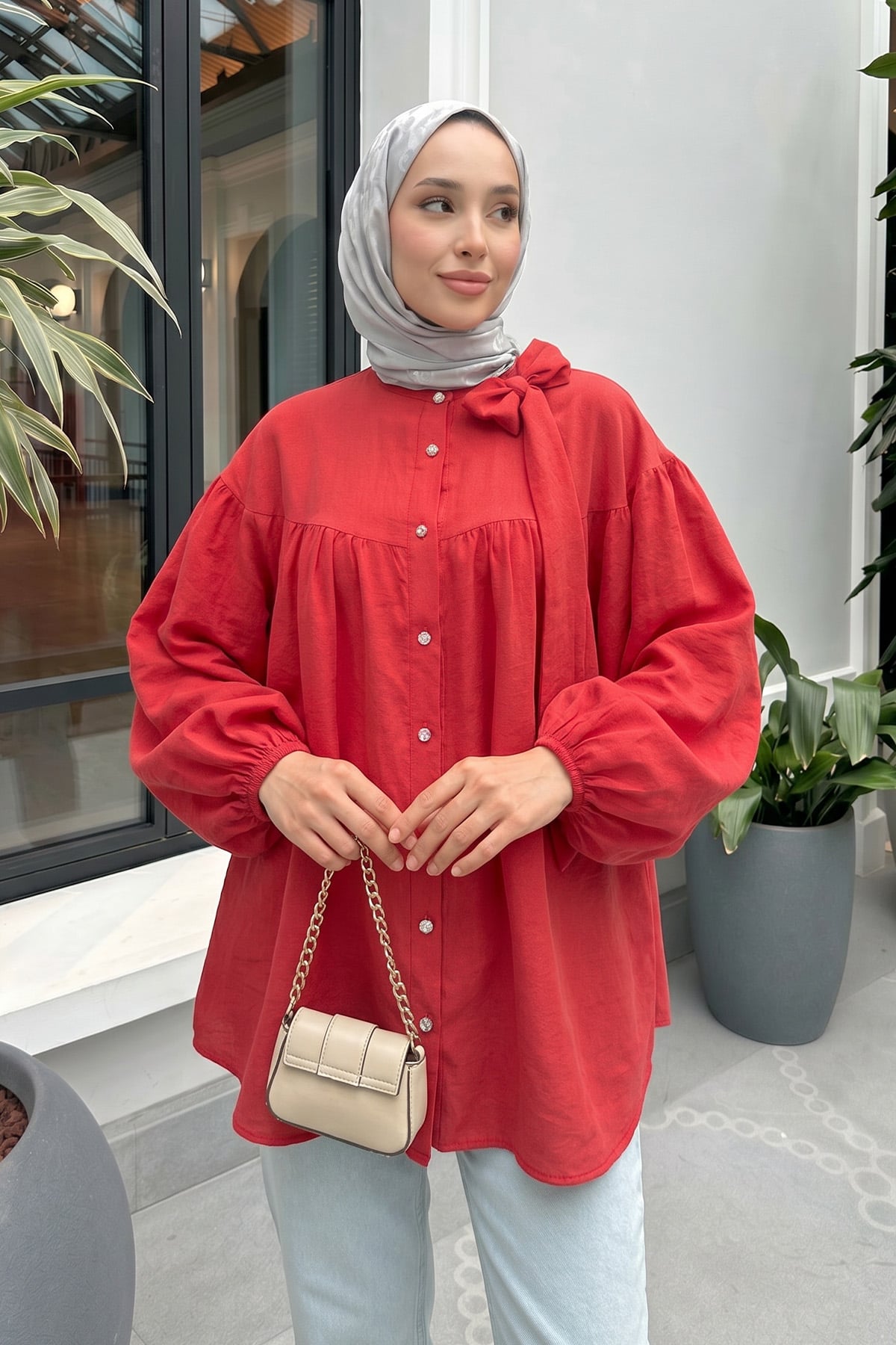 Omuz Fiyonklu Tunik 2327 - KIRMIZI |  