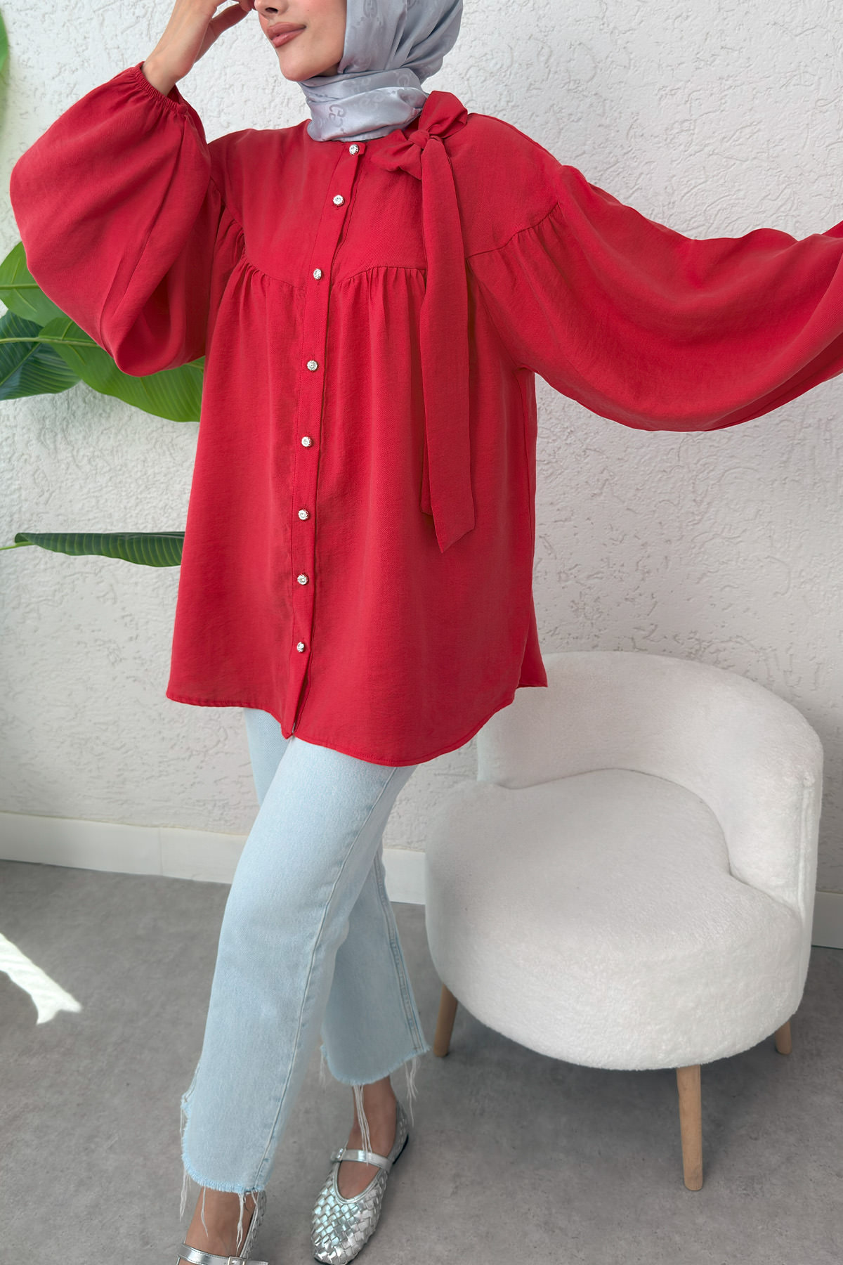 Omuz Fiyonklu Tunik 2327 - KIRMIZI |  