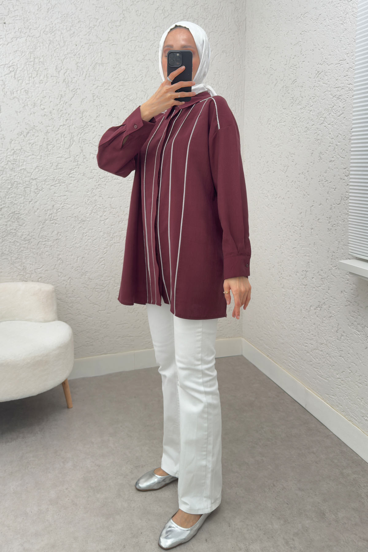 Ara Biyeli Tesettür Gömlek 2219 - BORDO |  