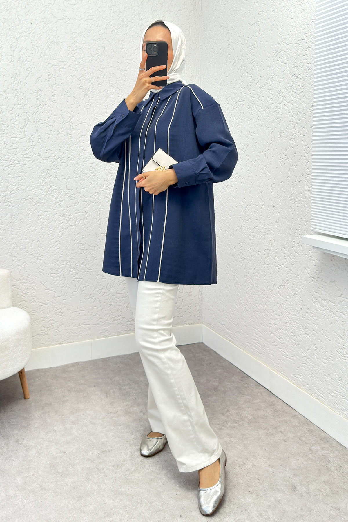 Ara Biyeli Tesettür Gömlek 2219 - LACİVERT |  